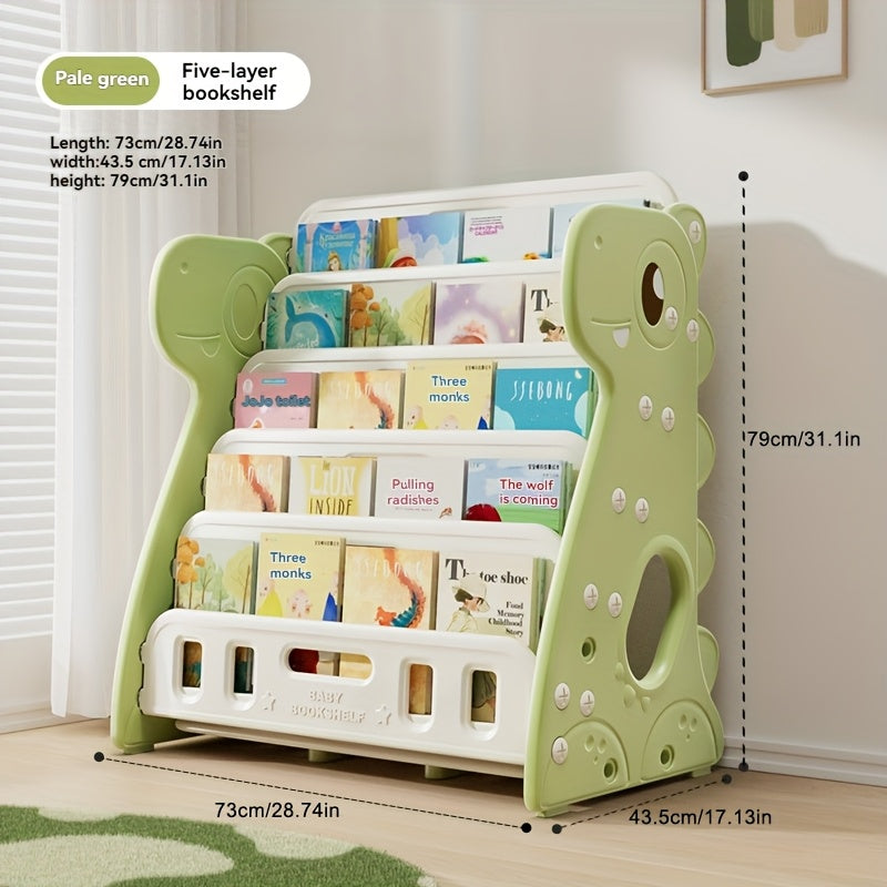 Multi-Layer Bookshelf Children's Multi-Layer Picture Book Shelf, Multifunctional Bookshelf and Storage 2-in-1, Suitable for Living Room, Bedroom, and Kids' Room, Easy to Install, Dinosaur Design