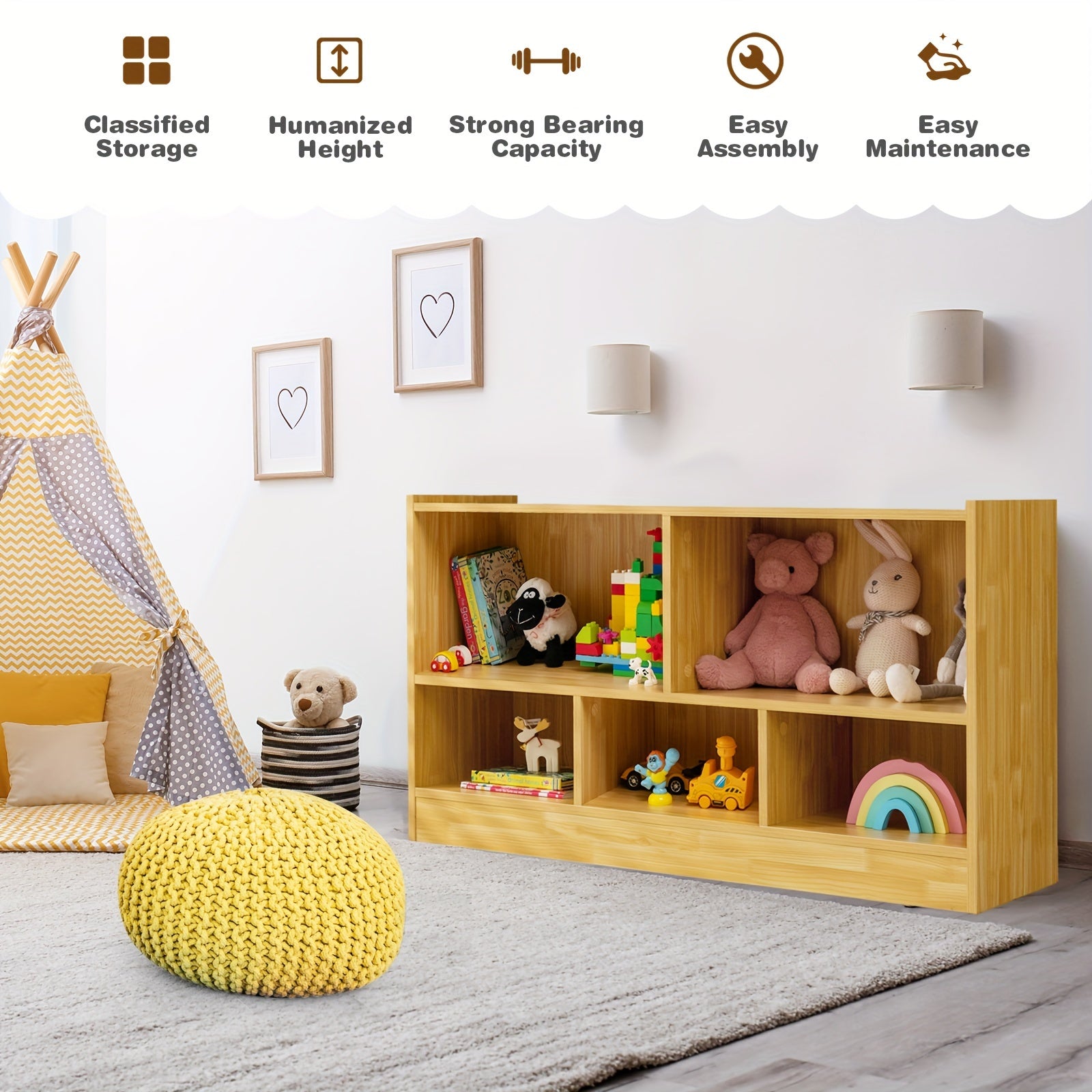 Beige Wooden Storage Cabinet with 2 Shelves And 5 Cubes., Storage Box