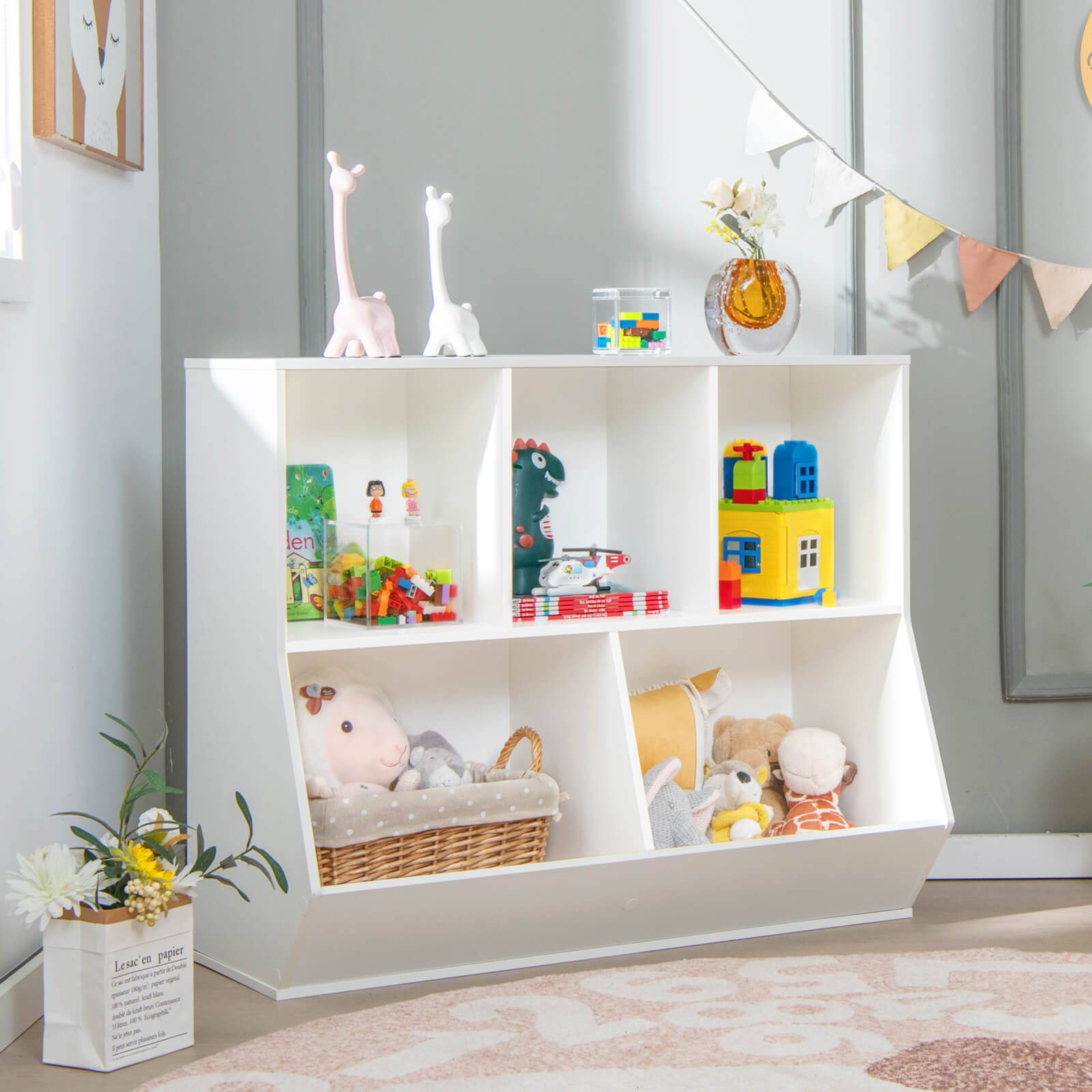 COSTWAY 5-Cubby Kids Toy Storage Organizer Wooden Bookshelf Display Cabinet White\u002FNatural