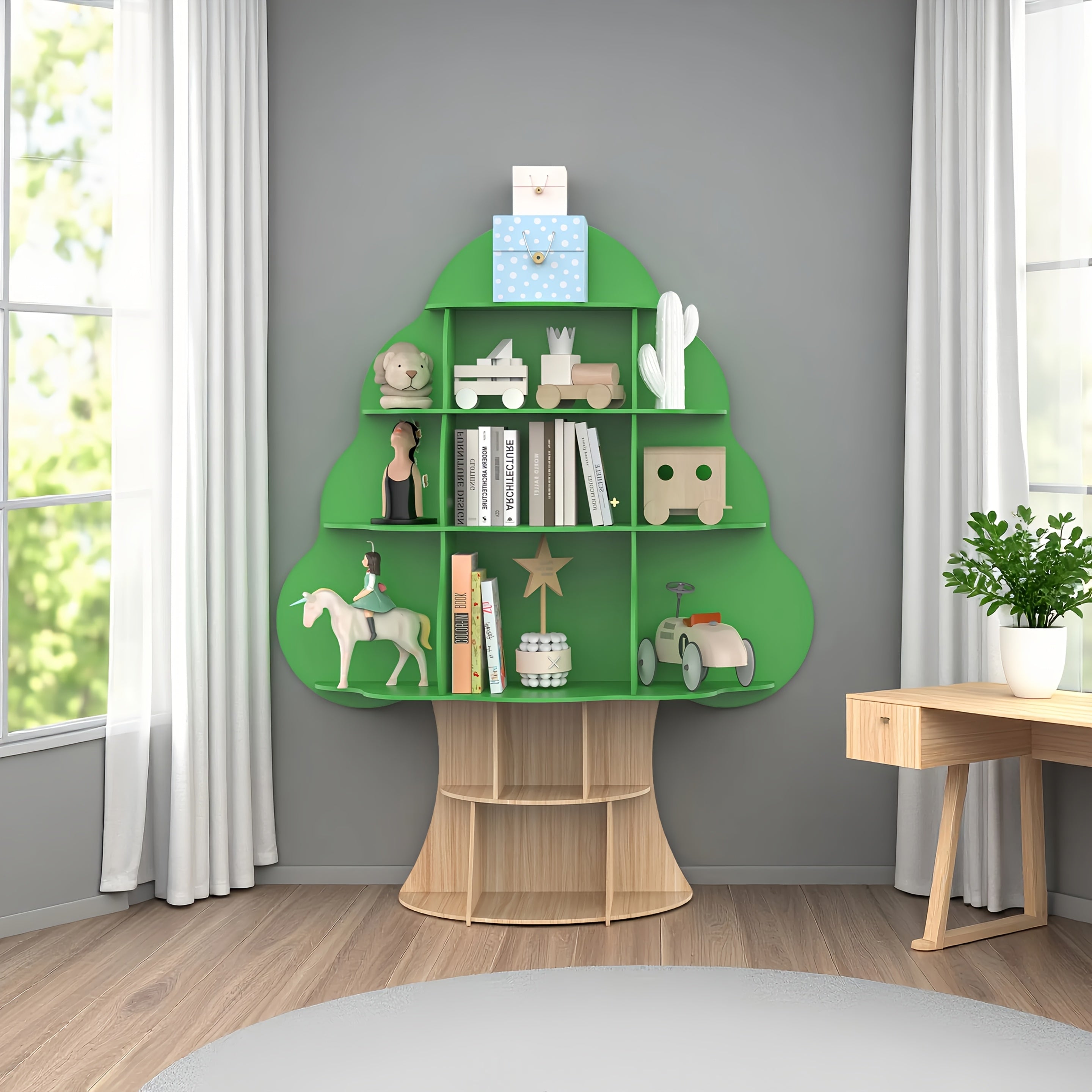 4 Tier Tree Bookshelf, Wood Bookcase, Book Display, 16-Cubby Storage Organizer Book Shelf for Bedroom, Living Room, Classroom, Standing Shelf