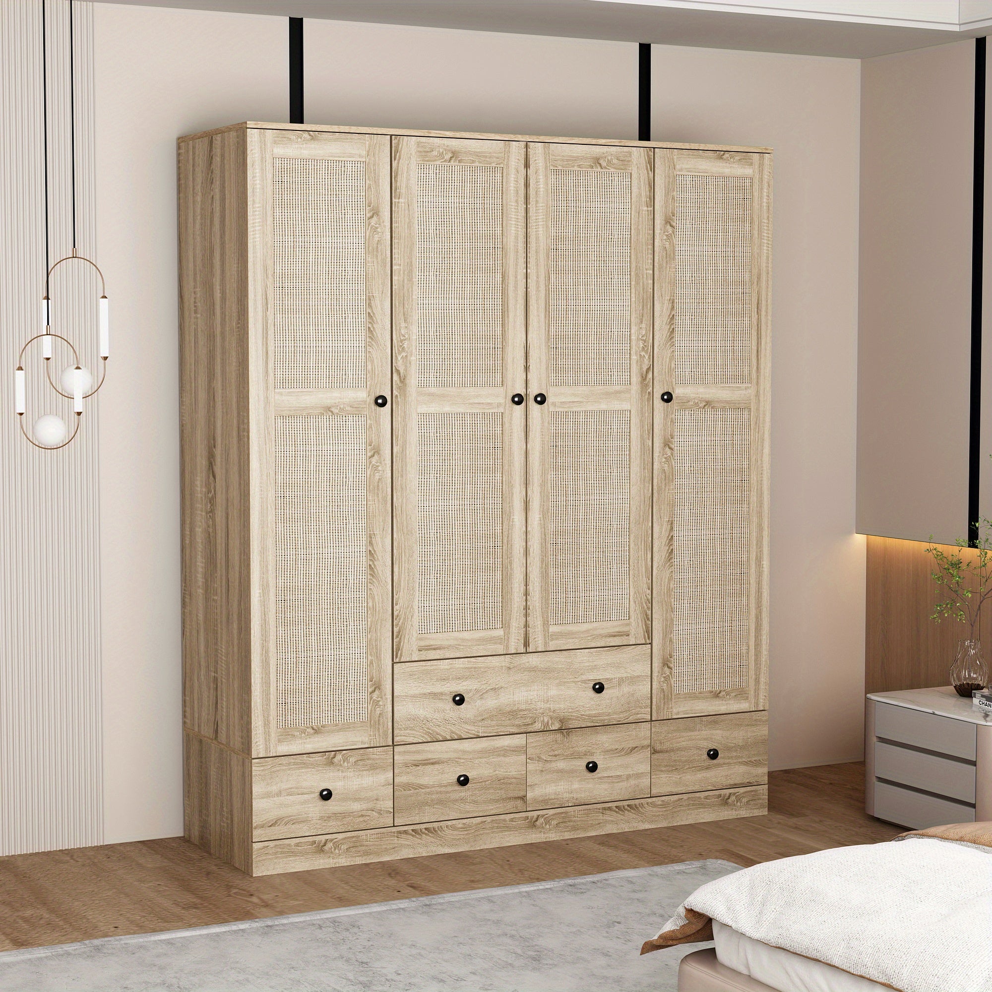 4-Door Wooden Armoire Wardrobe Closet with 5 Drawers, Checkered Storage Area & Hanging Rods, Clothes Organizer for Bedroom, Modern Design