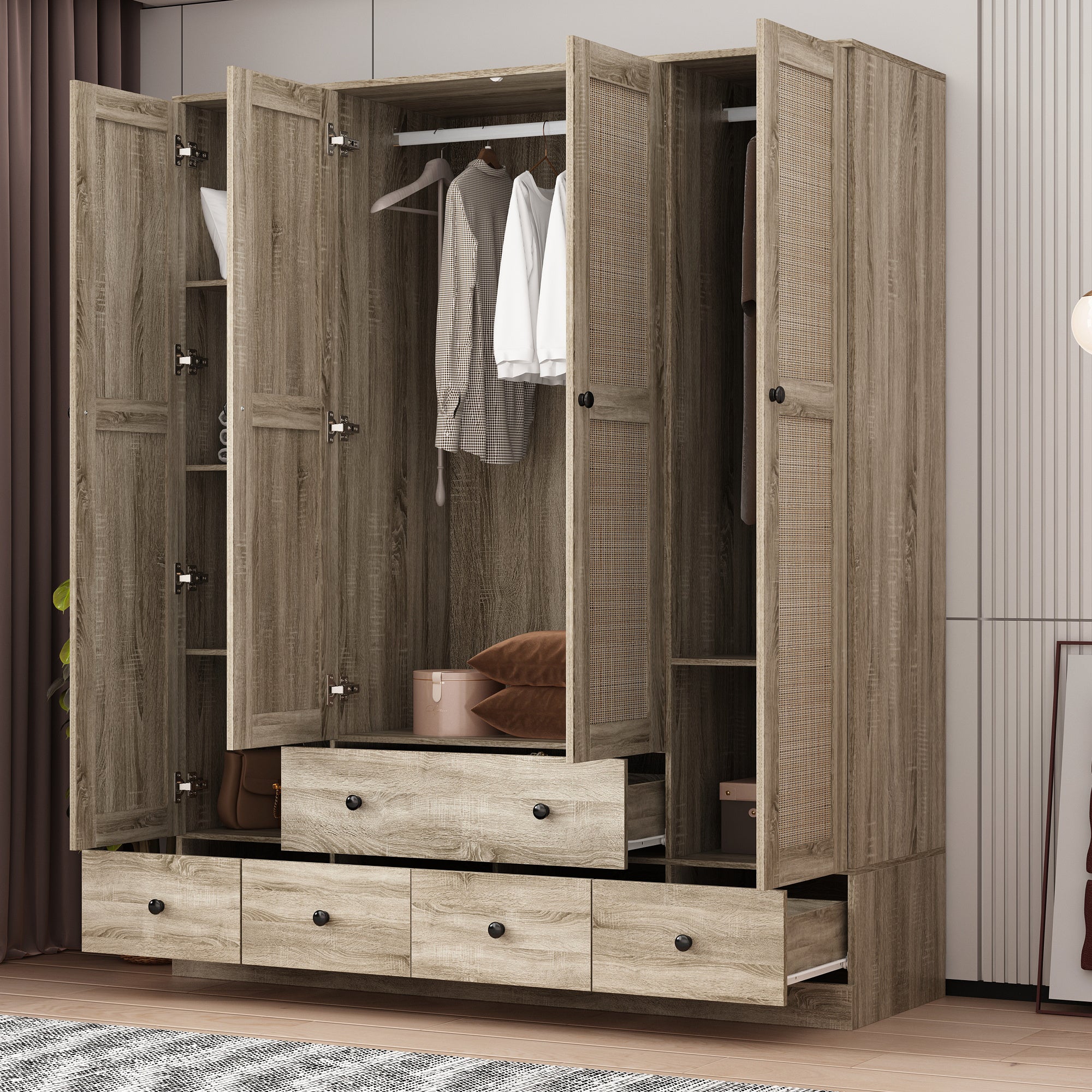4-Door Wooden Armoire Wardrobe Closet with 5 Drawers, Checkered Storage Area & Hanging Rods, Clothes Organizer for Bedroom, Modern Design
