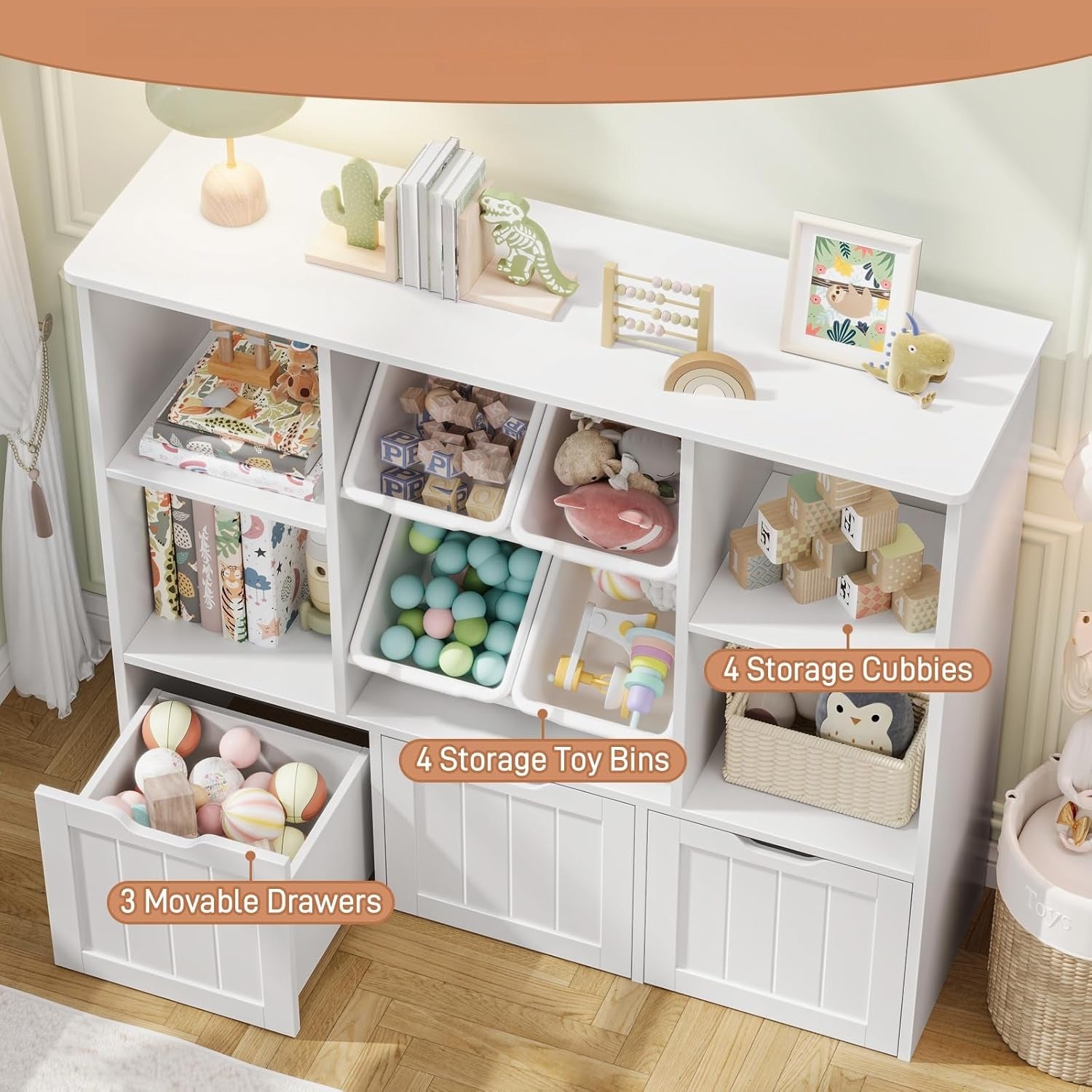 White Rolling Storage Cabinet with 4 Bins, 3-Movable Drawers & 4 Open Shelves - Heavy-Duty Movable Shelving Unit Suitable for Home Office, Living Room - Assembly, Hidden Wheels, Plastic\u002FWood Frame ( Wood), Utility Racks