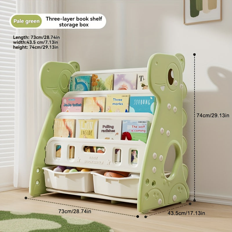 Multi-Layer Bookshelf Children's Multi-Layer Picture Book Shelf, Multifunctional Bookshelf and Storage 2-in-1, Suitable for Living Room, Bedroom, and Kids' Room, Easy to Install, Dinosaur Design