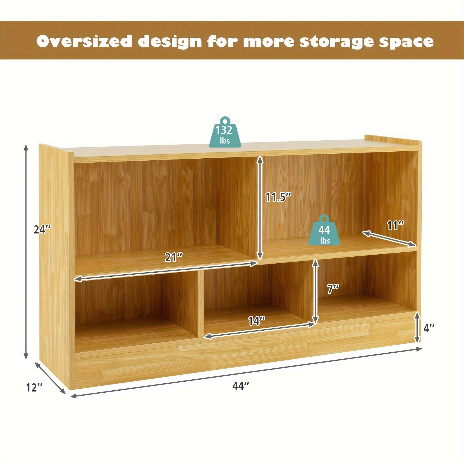 Beige Wooden Storage Cabinet with 2 Shelves And 5 Cubes., Storage Box