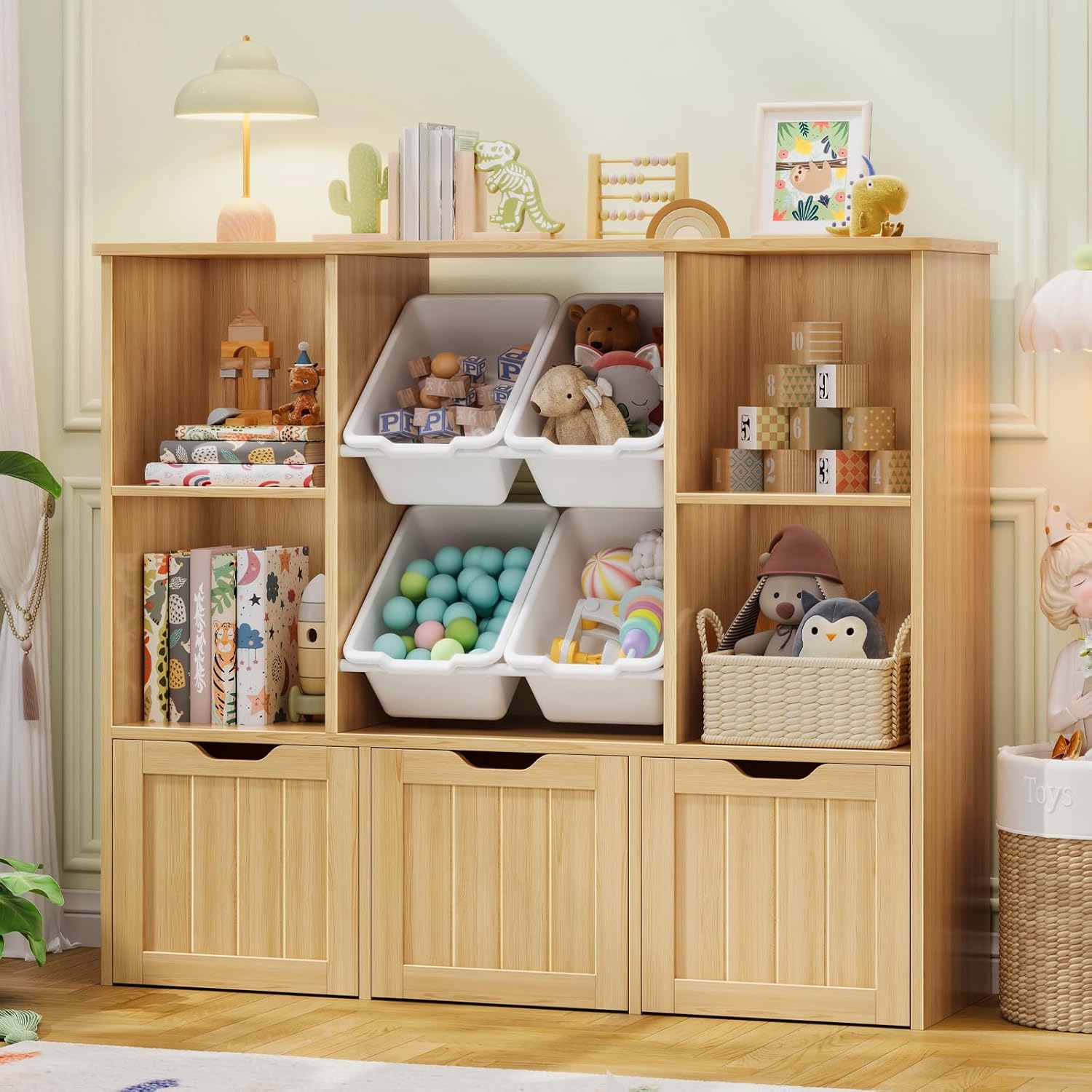 White Rolling Storage Cabinet with 4 Bins, 3-Movable Drawers & 4 Open Shelves - Heavy-Duty Movable Shelving Unit Suitable for Home Office, Living Room - Assembly, Hidden Wheels, Plastic\u002FWood Frame ( Wood), Utility Racks