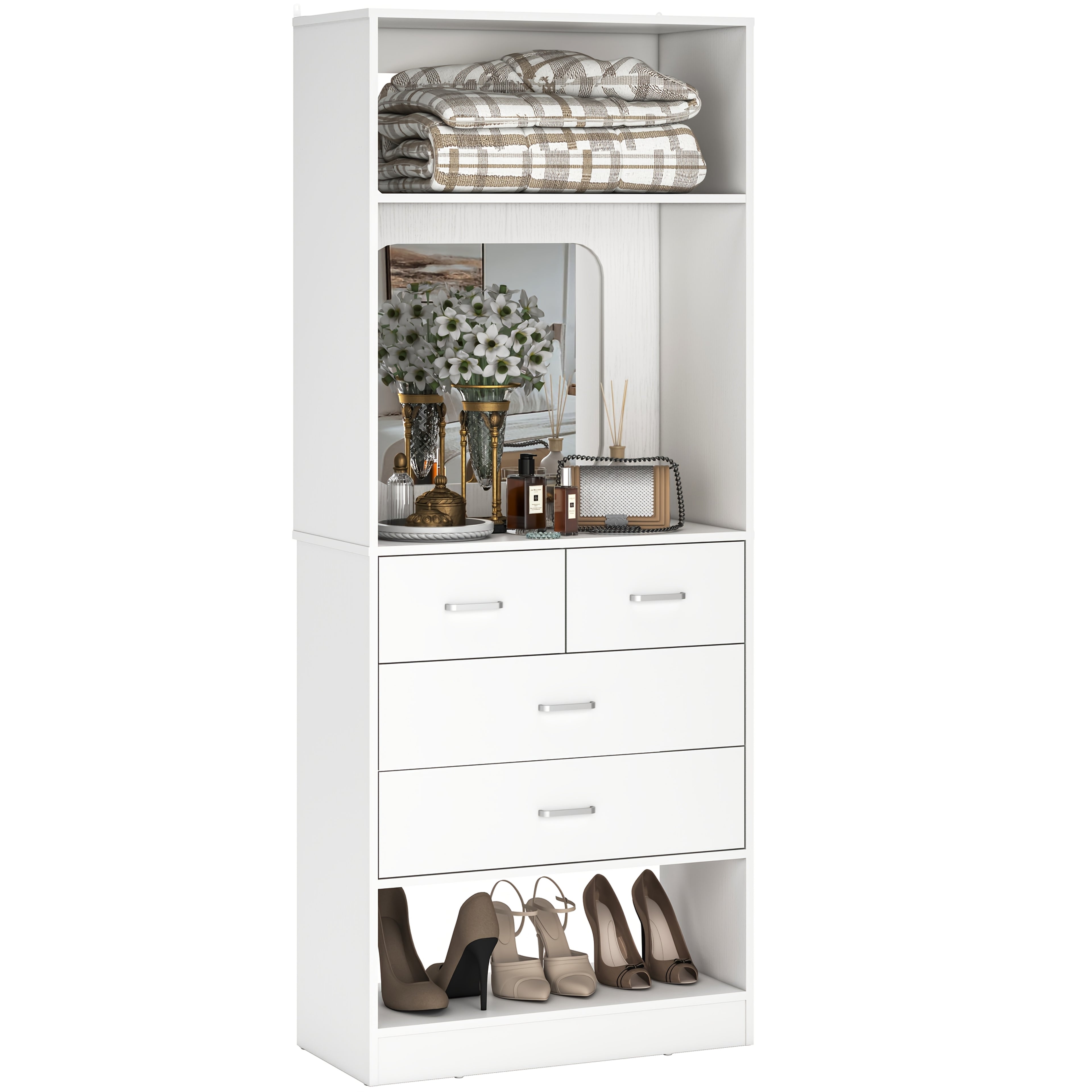 Unikito 25 Inch Closet System with 4 Drawers, 2FT Wood Closet Organizer with Storage Shelves And Mirror Design, Freestanding Sturdy Walk in Closet Tower for Bedroom, 25\