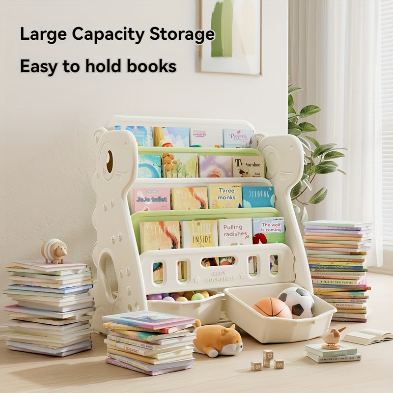 Multi-Layer Bookshelf Children's Multi-Layer Picture Book Shelf, Multifunctional Bookshelf and Storage 2-in-1, Suitable for Living Room, Bedroom, and Kids' Room, Easy to Install, Dinosaur Design