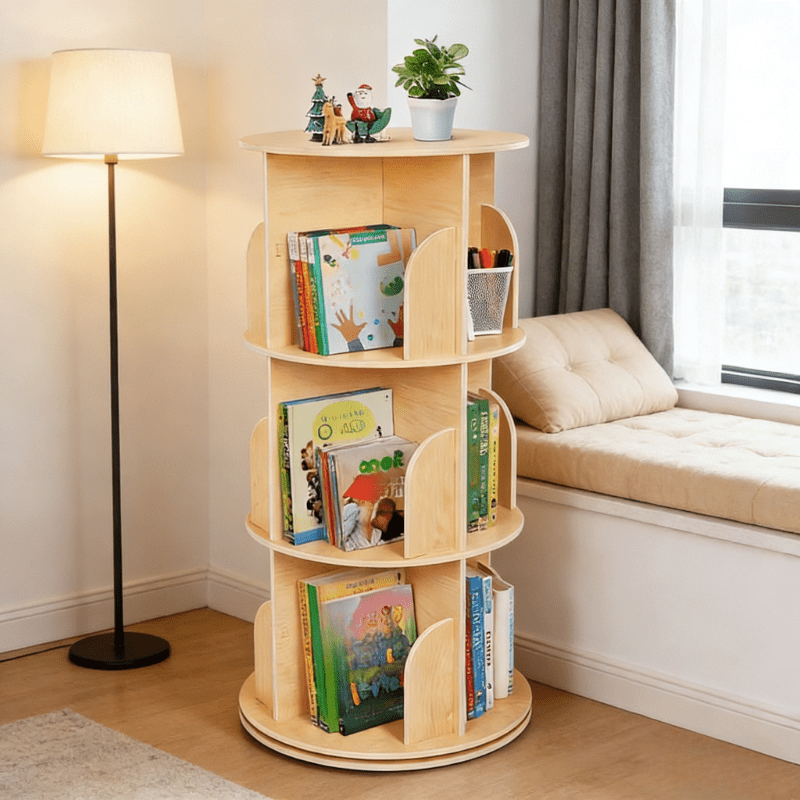 Wooden Picture Book Stand, Solid Wood Rotating Bookshelf, 360-degree Floor-standing Small Home Bedroom Storage Rack for Picture Books, a Simple Three-tier Bookshelf Holding Approximately 75 Books, Sui
