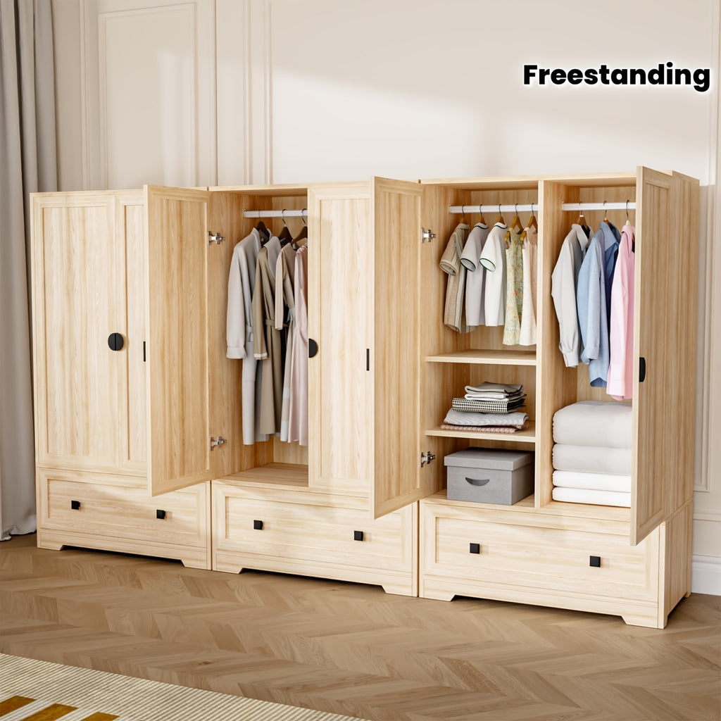 Bonnlo Freestanding Wide Armoire Wardrobe Closet with Shelves, Hanging Rod And Drawers for Bedroom