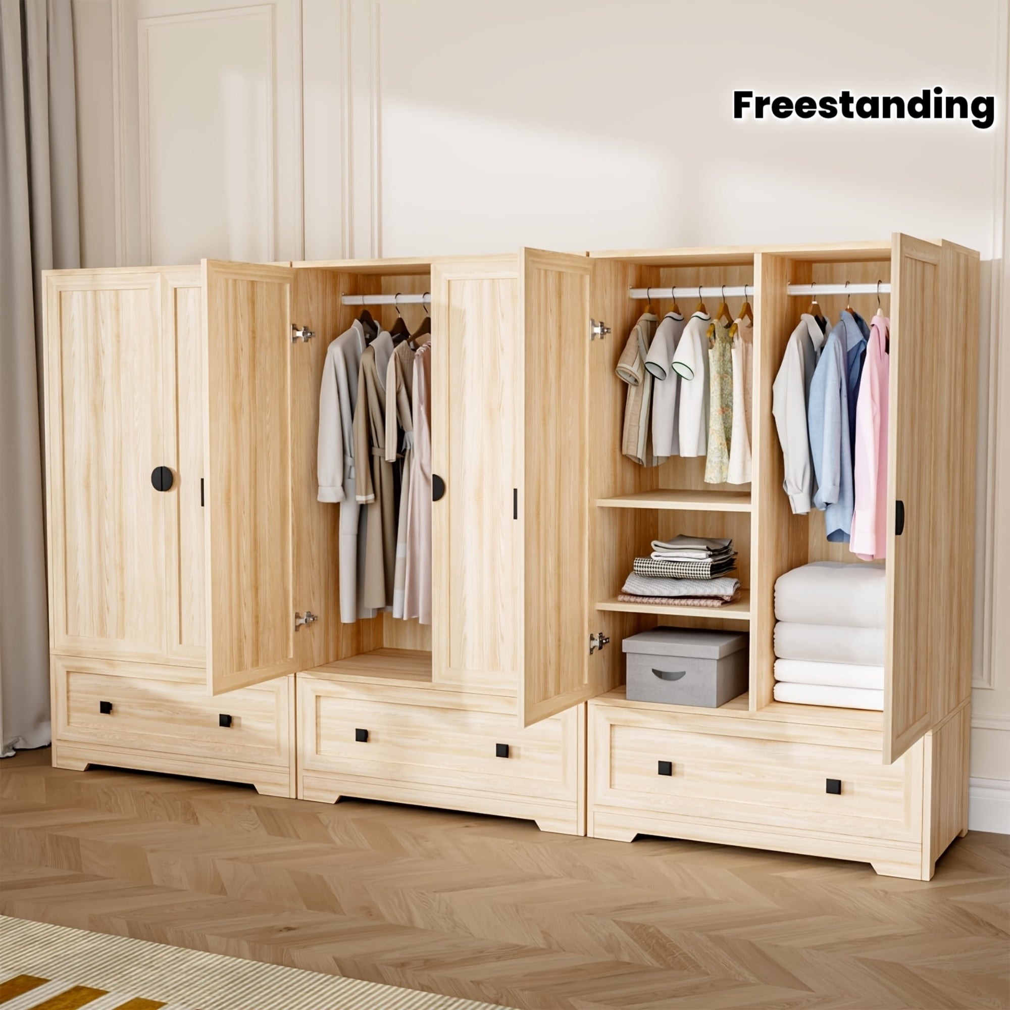 Bonnlo Freestanding Wide Armoire Wardrobe Closet with Shelves, Hanging Rod And Drawers for Bedroom