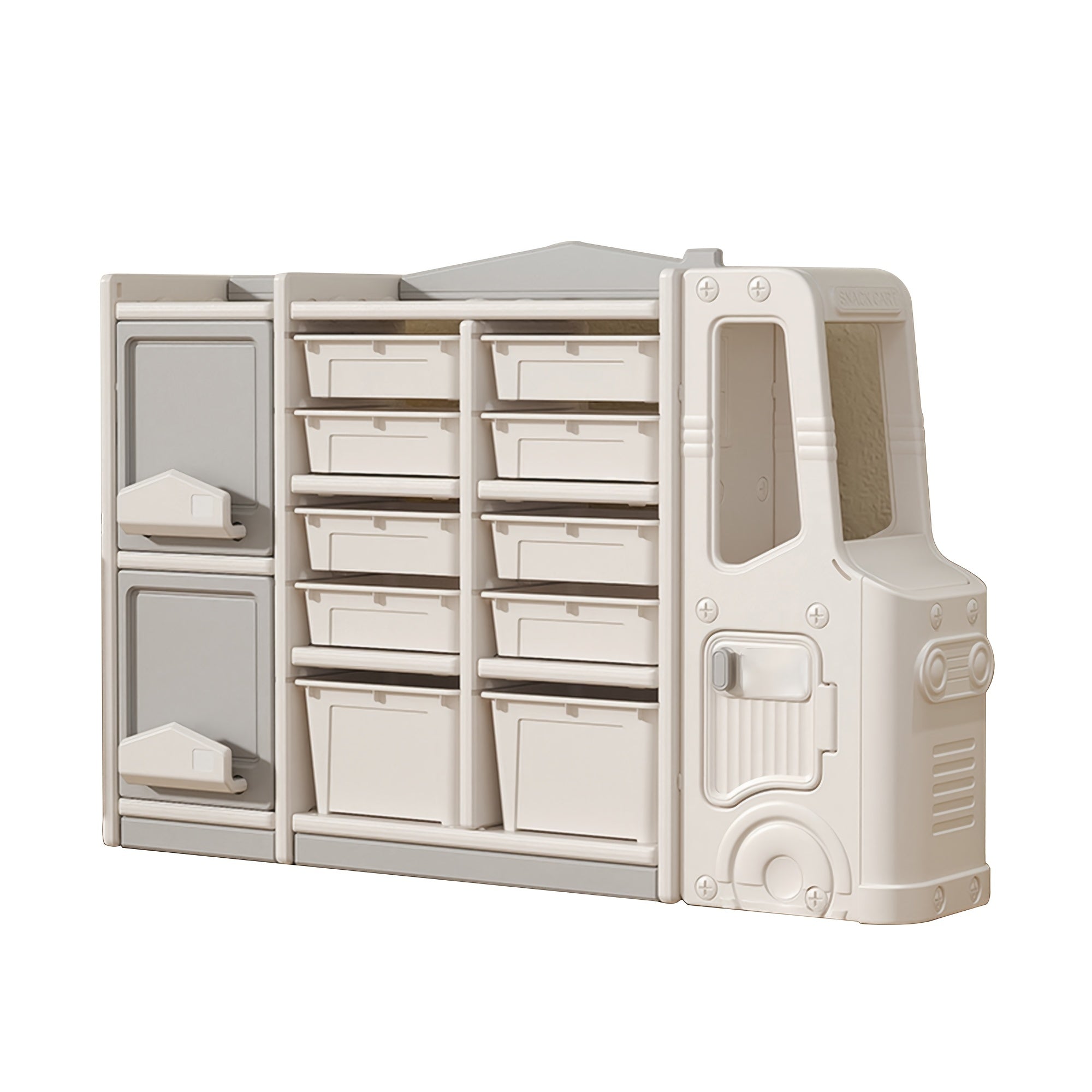 Beige Multi-Tiered Plastic Storage Unit Featuring a Cartoon Train Design, Includes 2 Cabinets And 10 Storage Bins, Easy to Assemble, Ideal for Living Rooms, Dining Areas, And Game Rooms