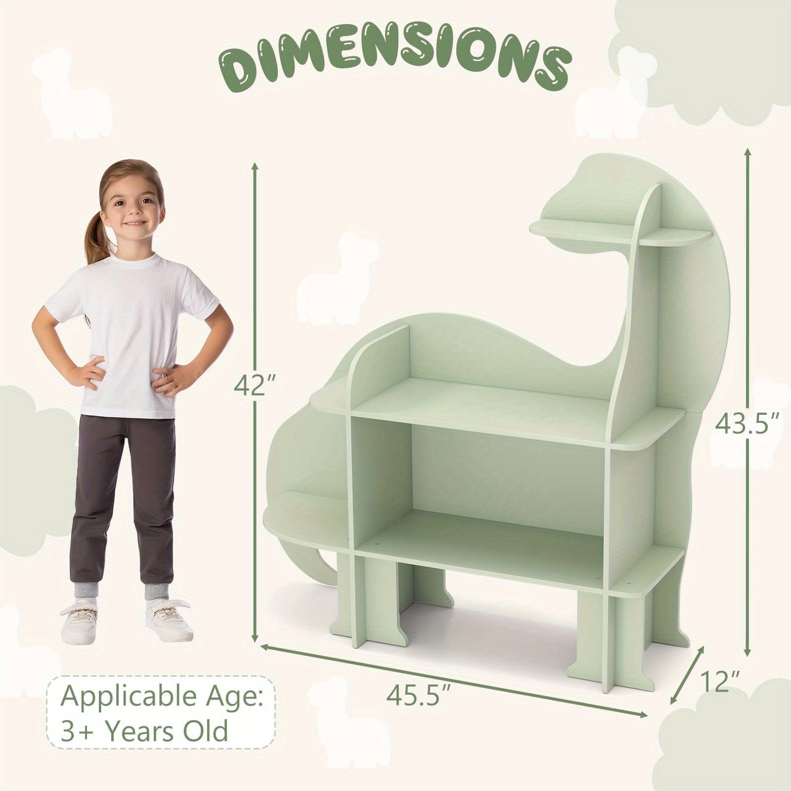 LIFEZEAL Dinosaur Kids Bookshelf, 3-Tier Wood Bookcase for Children, Toy Storage Organizer, Book Shelf for Kids Room, Playroom, Nursery, Kindergarten, Green