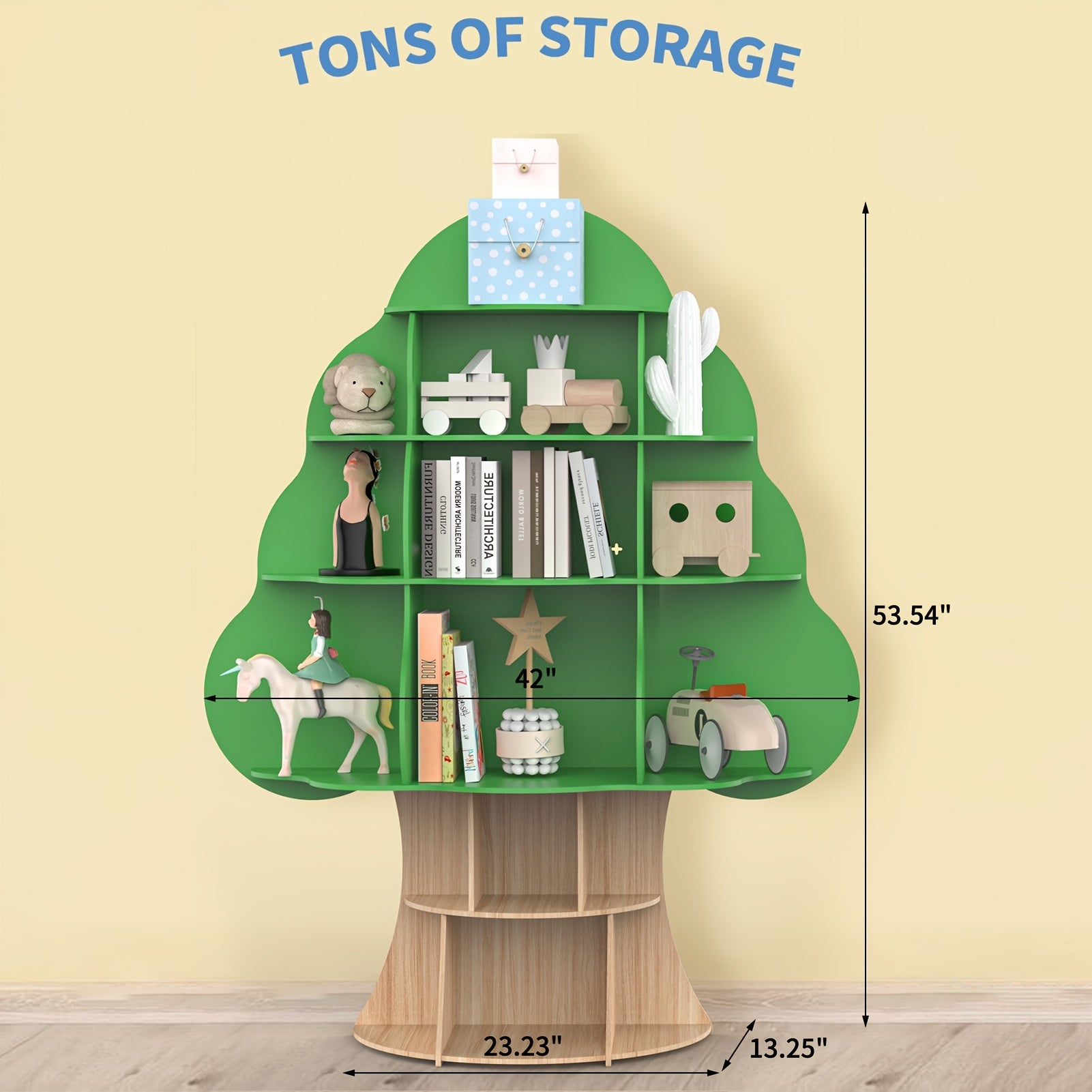 4 Tier Tree Bookshelf, Wood Bookcase, Book Display, 16-Cubby Storage Organizer Book Shelf for Bedroom, Living Room, Classroom, Standing Shelf