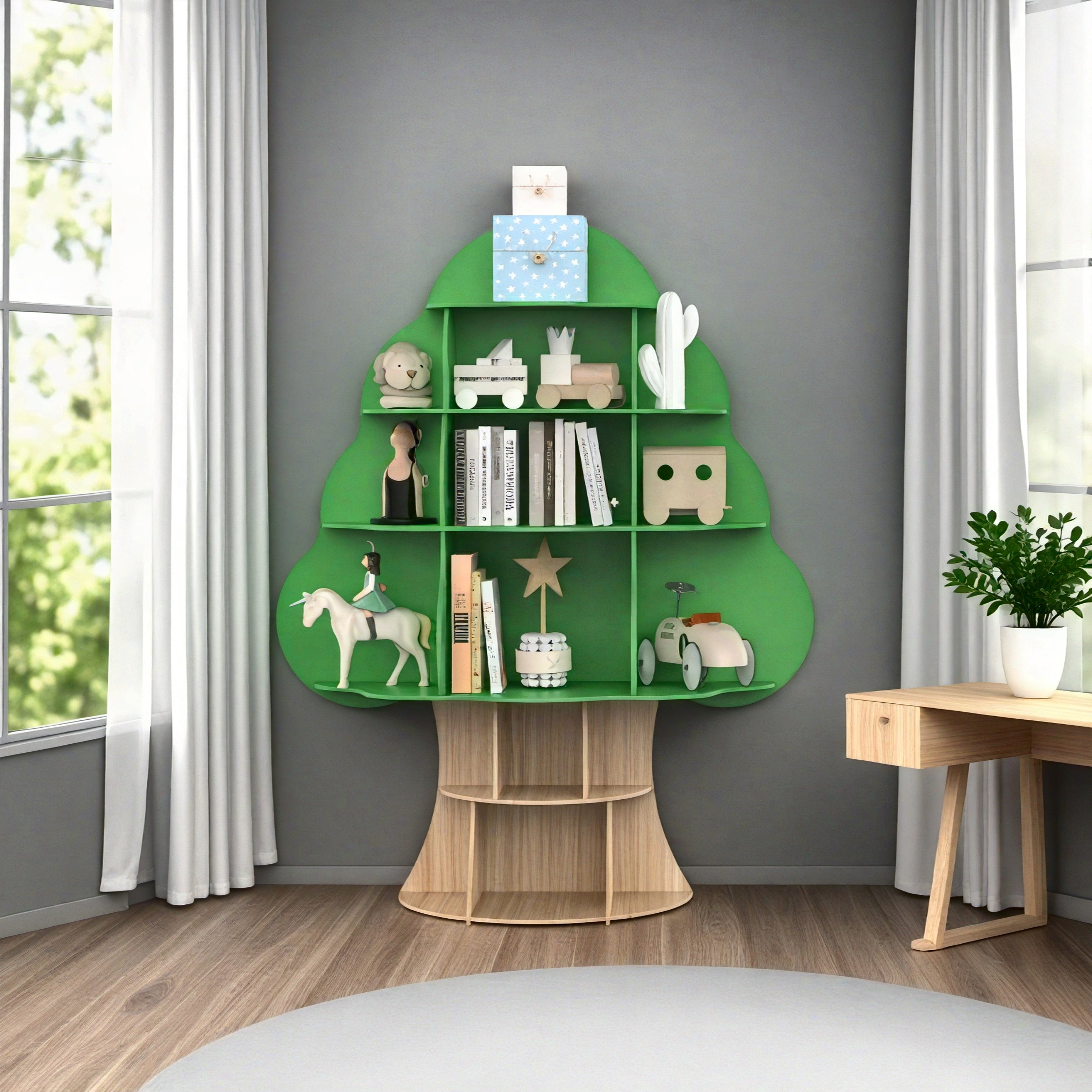 4 Tier Tree Bookshelf, Wood Bookcase, Book Display, 16-Cubby Storage Organizer Book Shelf for Bedroom, Living Room, Classroom, Standing Shelf