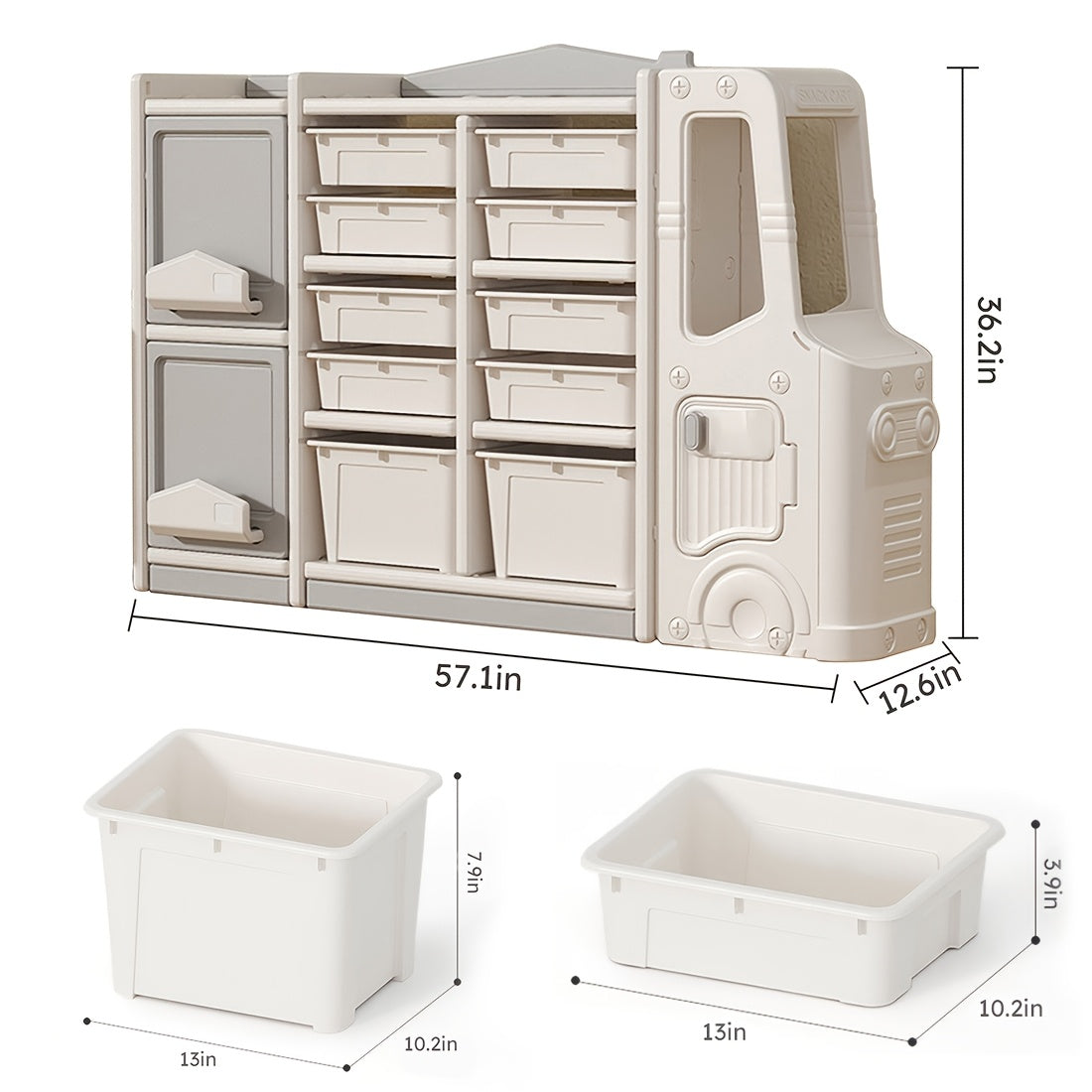 Beige Multi-Tiered Plastic Storage Unit Featuring a Cartoon Train Design, Includes 2 Cabinets And 10 Storage Bins, Easy to Assemble, Ideal for Living Rooms, Dining Areas, And Game Rooms