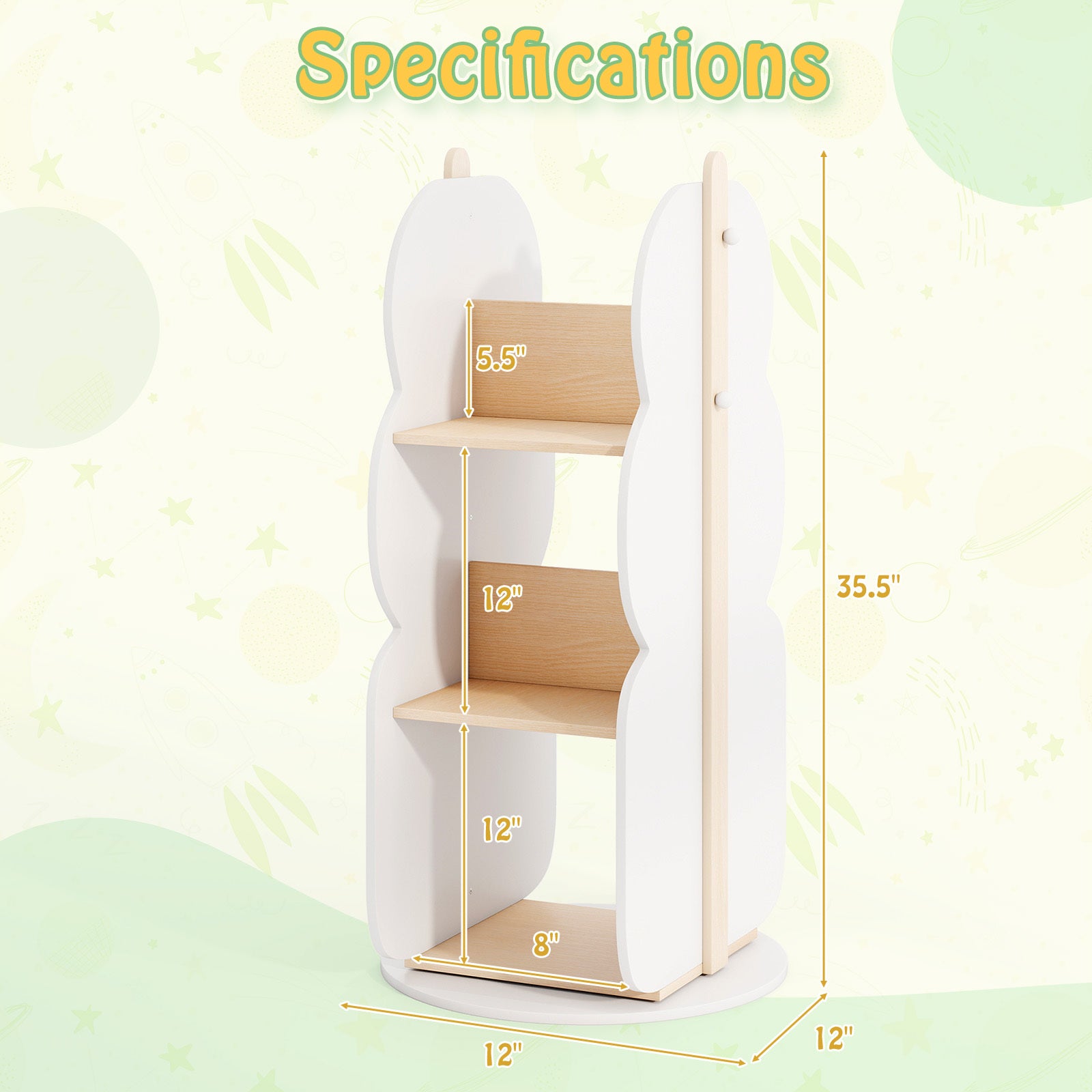 COSTWAY Kid's Rotating Bookshelf, 360° Display Corner Book Shelf with Side Hooks for Small Space, 3-Tier Floor Standing Bookcase Toy Storage Organizer for Kid's Room, Play Room, Living Room, White