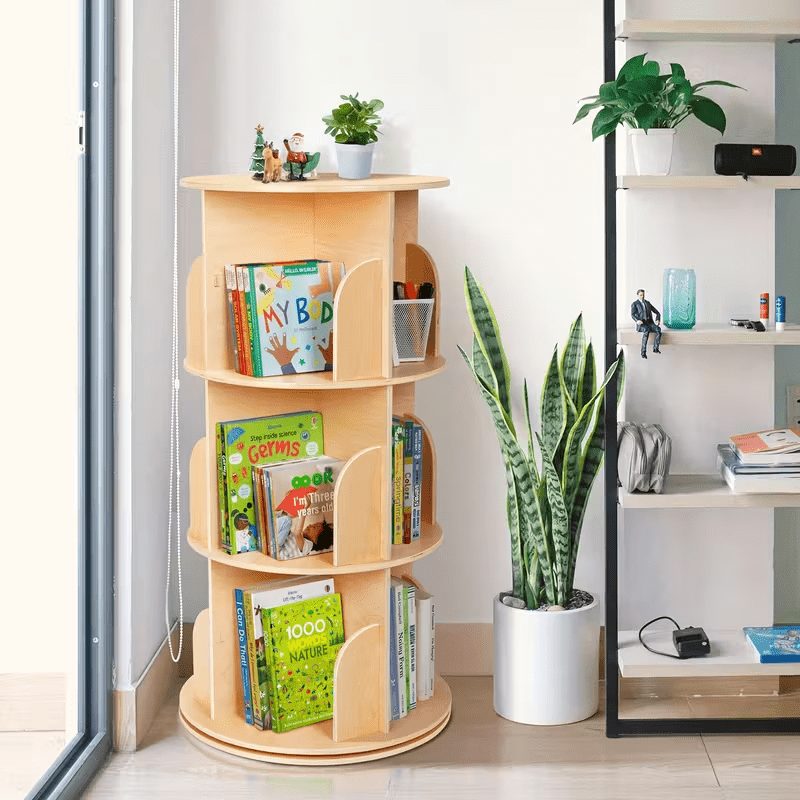Wooden Picture Book Stand, Solid Wood Rotating Bookshelf, 360-degree Floor-standing Small Home Bedroom Storage Rack for Picture Books, a Simple Three-tier Bookshelf Holding Approximately 75 Books, Sui
