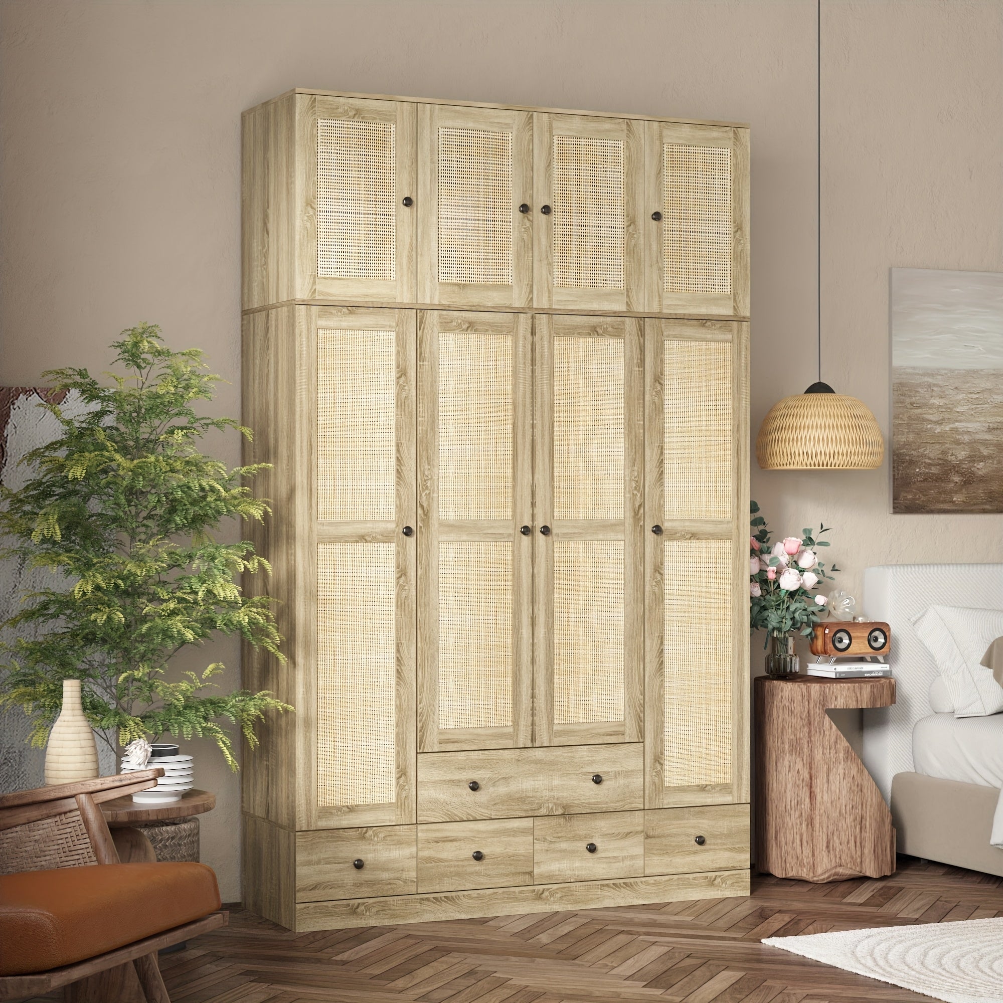 4-Door Wooden Armoire Wardrobe Closet with 5 Drawers, Checkered Storage Area & Hanging Rods, Clothes Organizer for Bedroom, Modern Design