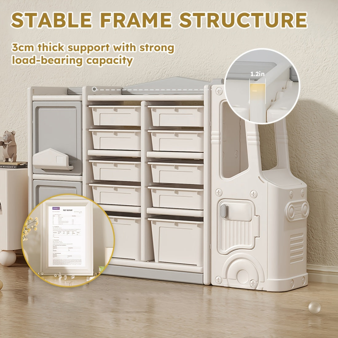 Beige Multi-Tiered Plastic Storage Unit Featuring a Cartoon Train Design, Includes 2 Cabinets And 10 Storage Bins, Easy to Assemble, Ideal for Living Rooms, Dining Areas, And Game Rooms