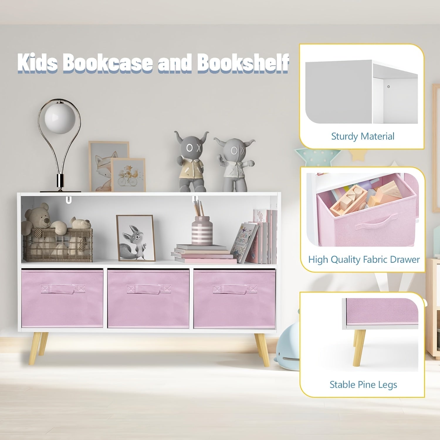 Kids Bookcase & Bookshelf with 3 Collapsible Fabric Drawers - ' Toy Storage Shelf & Book Display, Multi-Shelf Cubby Organizer for ' Room, Playroom, - Durable Children's Furniture (Space-Saving)