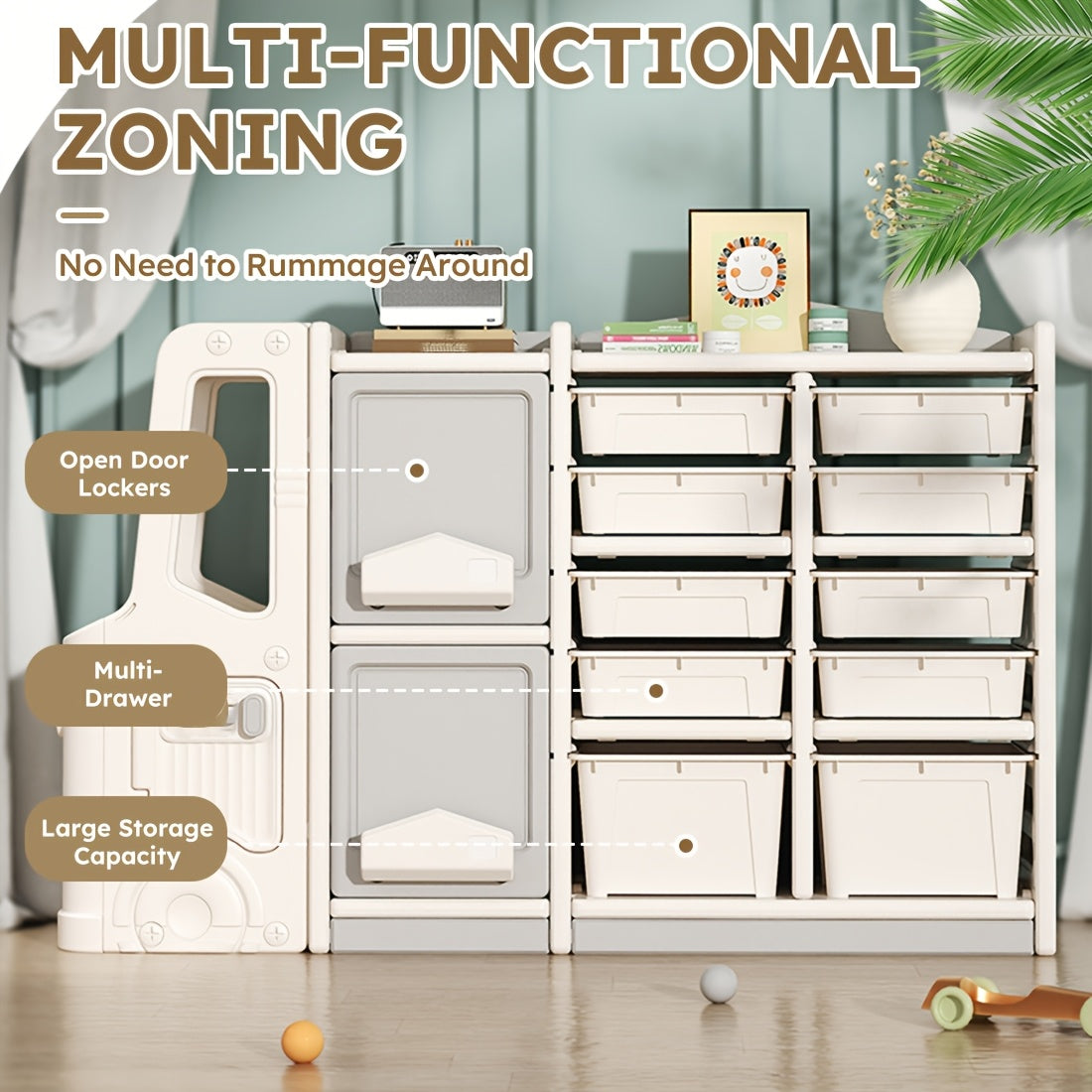 Beige Multi-Tiered Plastic Storage Unit Featuring a Cartoon Train Design, Includes 2 Cabinets And 10 Storage Bins, Easy to Assemble, Ideal for Living Rooms, Dining Areas, And Game Rooms
