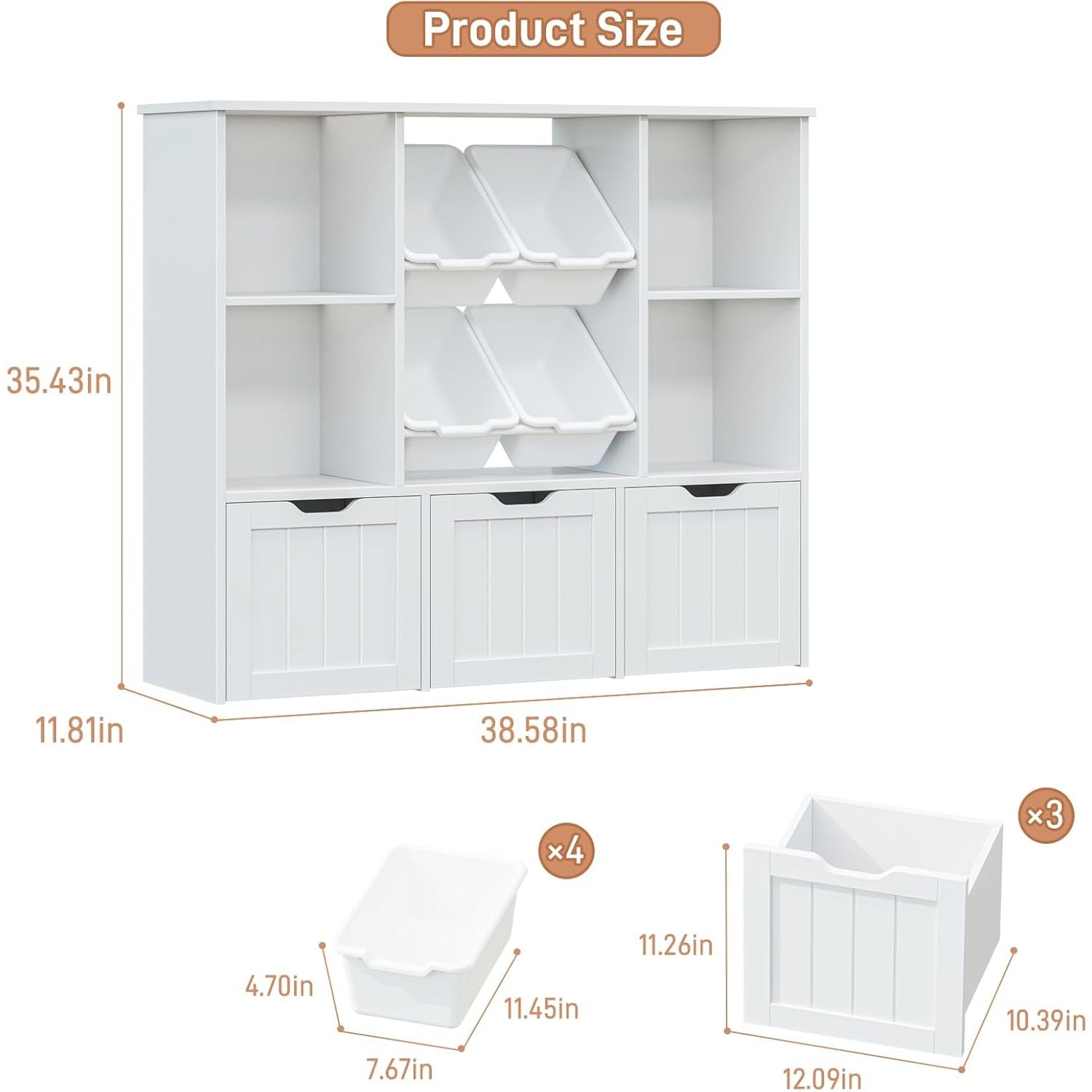 White Rolling Storage Cabinet with 4 Bins, 3-Movable Drawers & 4 Open Shelves - Heavy-Duty Movable Shelving Unit Suitable for Home Office, Living Room - Assembly, Hidden Wheels, Plastic\u002FWood Frame ( Wood), Utility Racks
