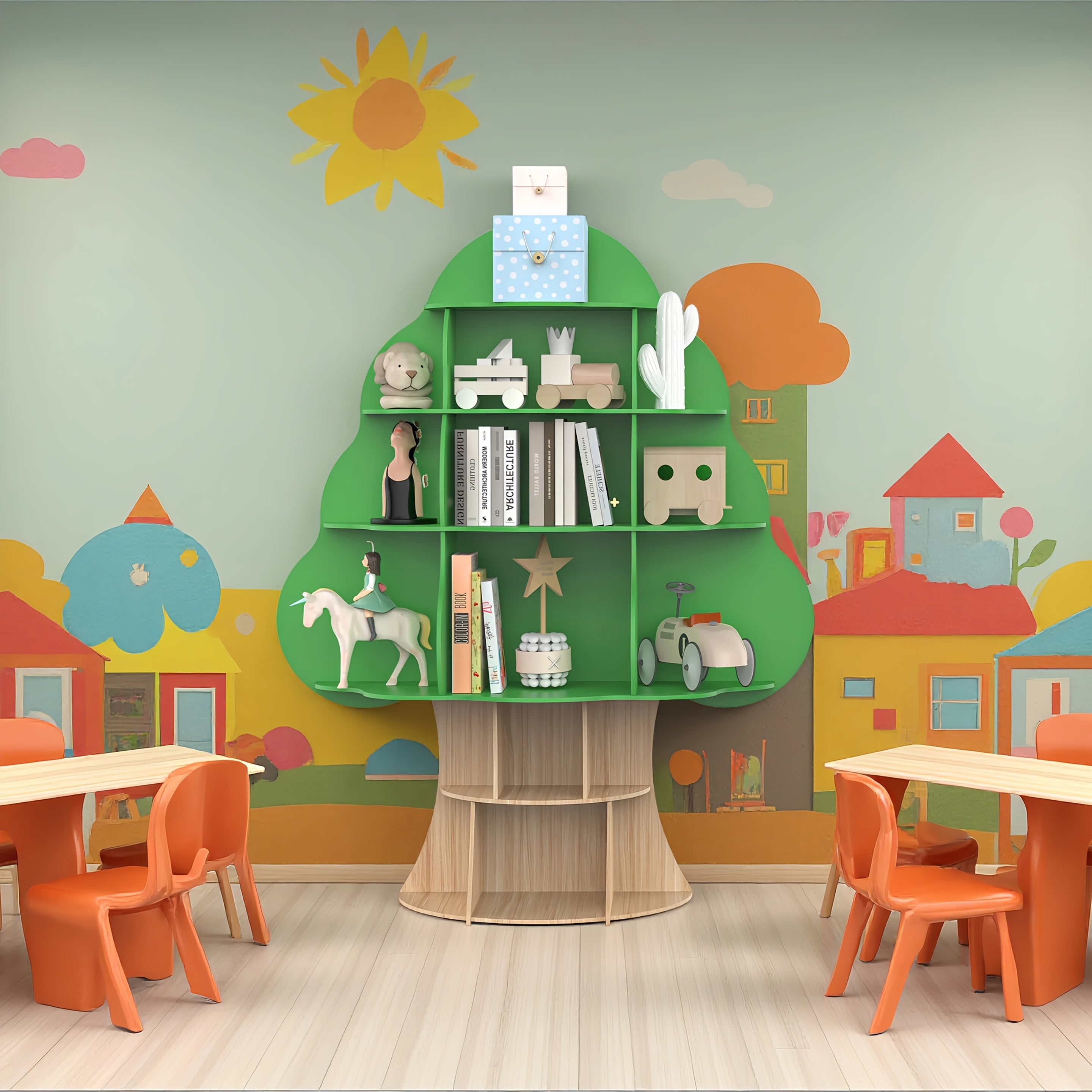 4 Tier Tree Bookshelf, Wood Bookcase, Book Display, 16-Cubby Storage Organizer Book Shelf for Bedroom, Living Room, Classroom, Standing Shelf