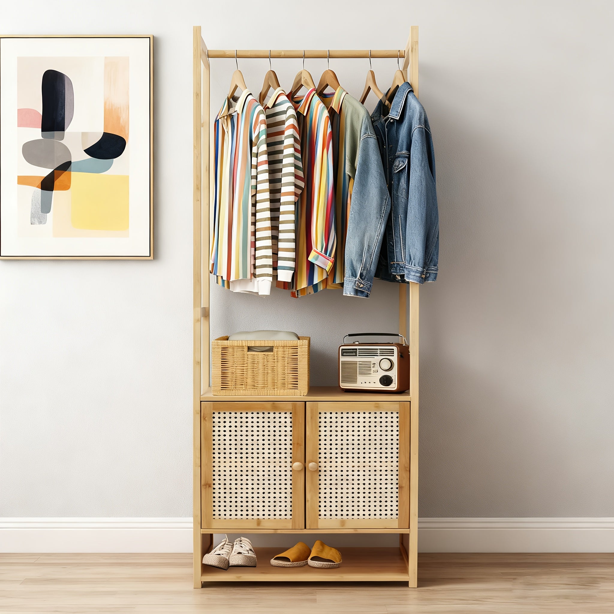 Aesome 66.1 Inch Garment Rack with Cabinet Bamboo Clothes Rack, Clothes Rack Hanging, Wardrobe Closet for Entryway Bedroom