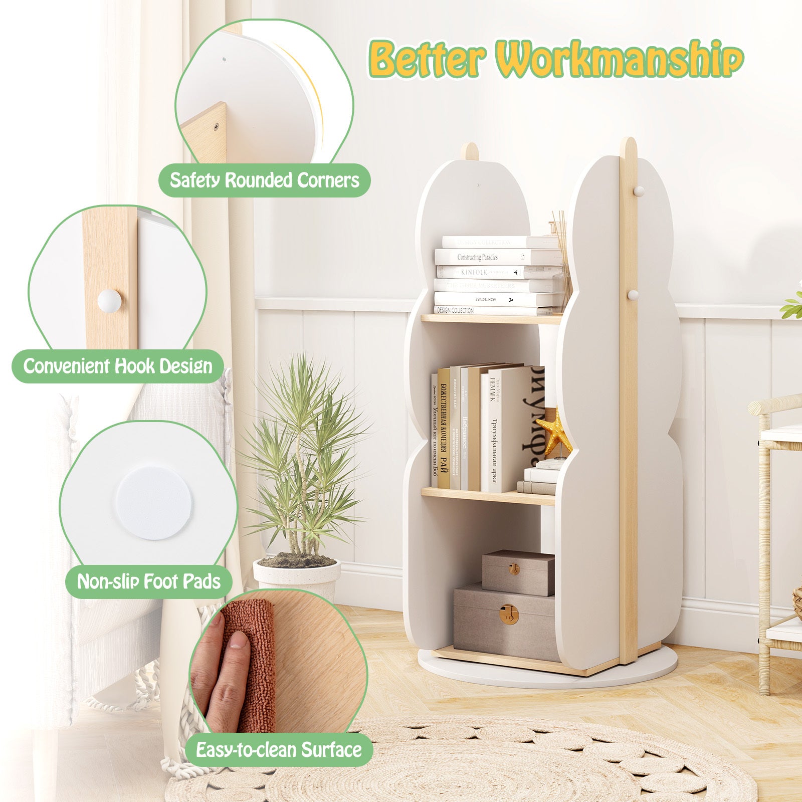 COSTWAY Kid's Rotating Bookshelf, 360° Display Corner Book Shelf with Side Hooks for Small Space, 3-Tier Floor Standing Bookcase Toy Storage Organizer for Kid's Room, Play Room, Living Room, White