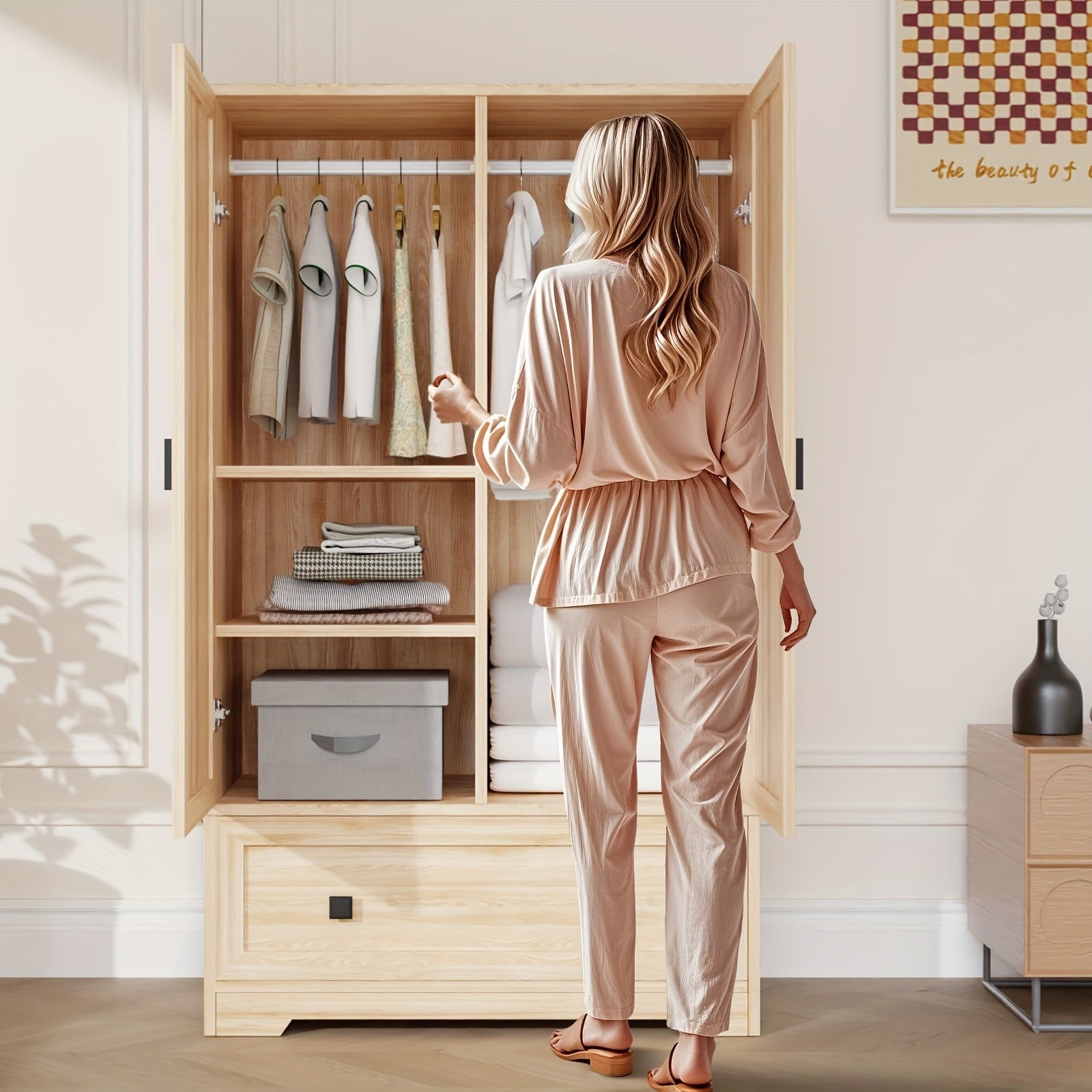 Bonnlo Freestanding Wide Armoire Wardrobe Closet with Shelves, Hanging Rod And Drawers for Bedroom