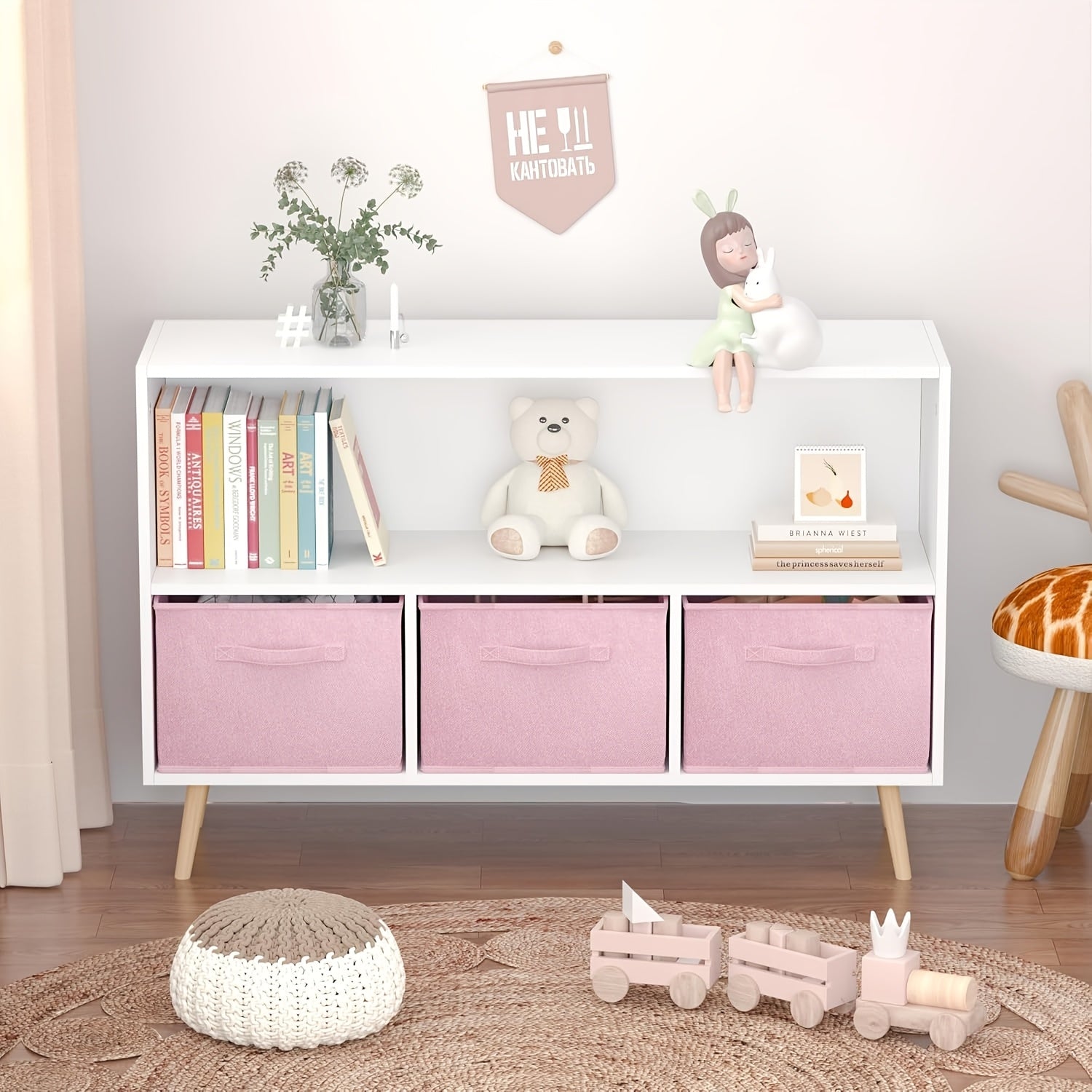 Kids Bookcase & Bookshelf with 3 Collapsible Fabric Drawers - ' Toy Storage Shelf & Book Display, Multi-Shelf Cubby Organizer for ' Room, Playroom, - Durable Children's Furniture (Space-Saving)