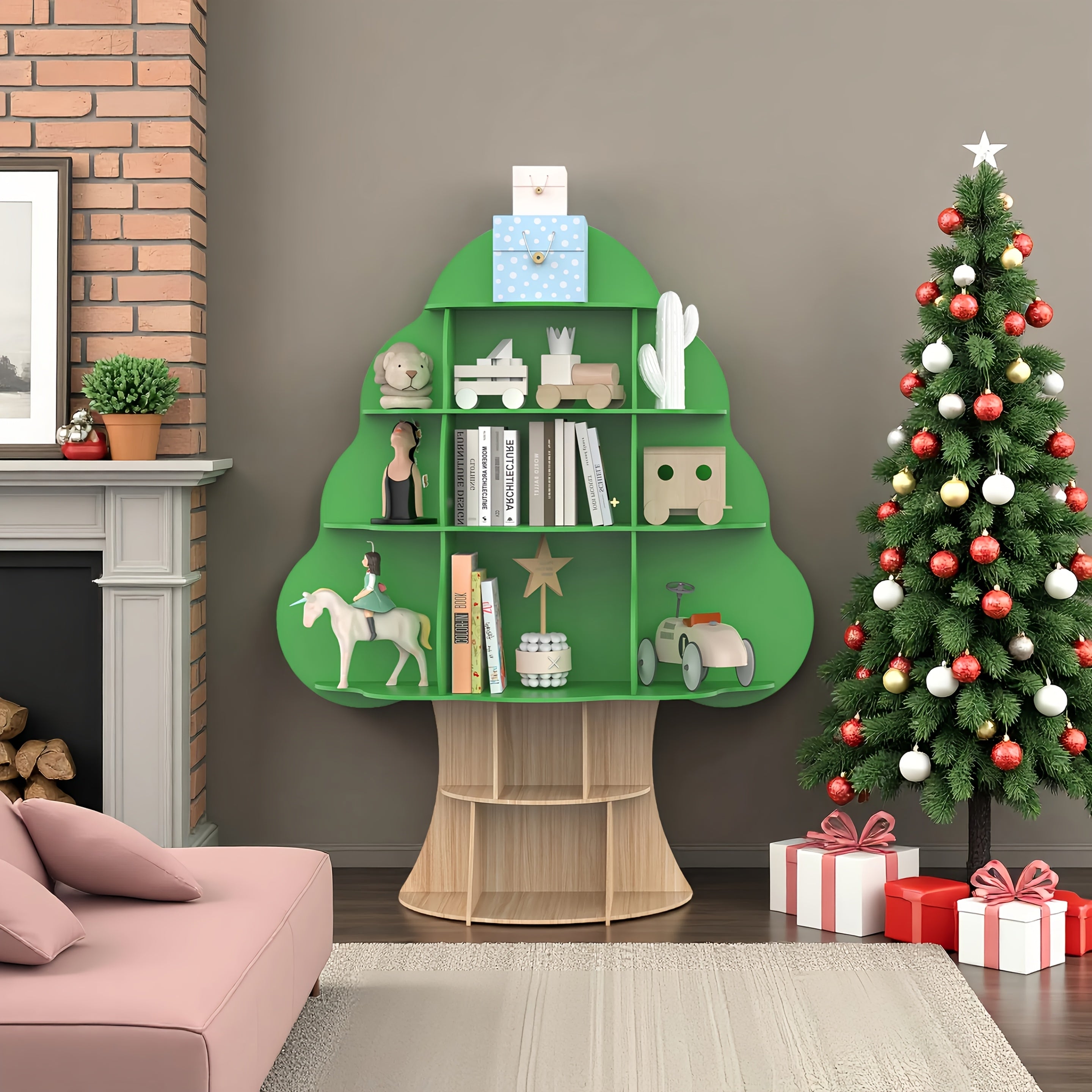 4 Tier Tree Bookshelf, Wood Bookcase, Book Display, 16-Cubby Storage Organizer Book Shelf for Bedroom, Living Room, Classroom, Standing Shelf