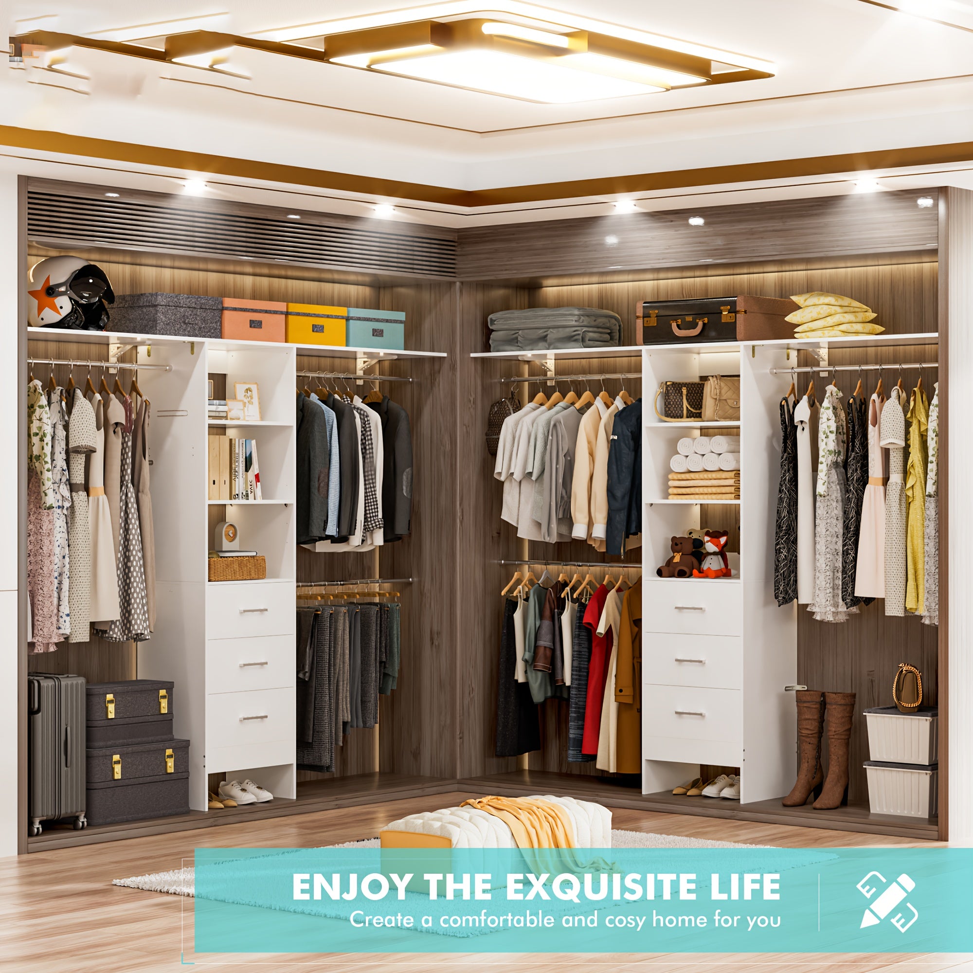 Closet System with Drawers, 8ft Walk In Closets Organizer with 3 Shelving Towers, 96\