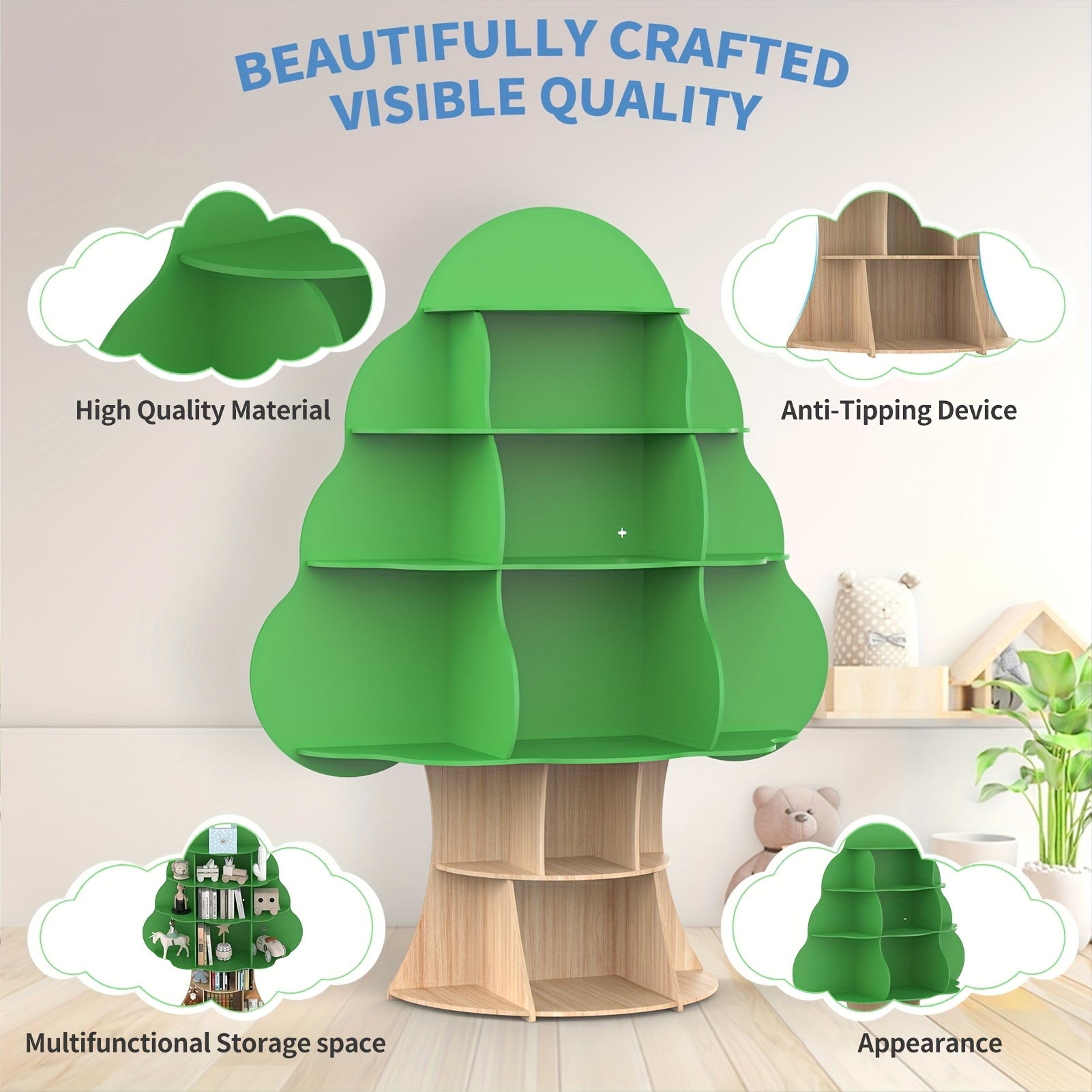 4 Tier Tree Bookshelf, Wood Bookcase, Book Display, 16-Cubby Storage Organizer Book Shelf for Bedroom, Living Room, Classroom, Standing Shelf