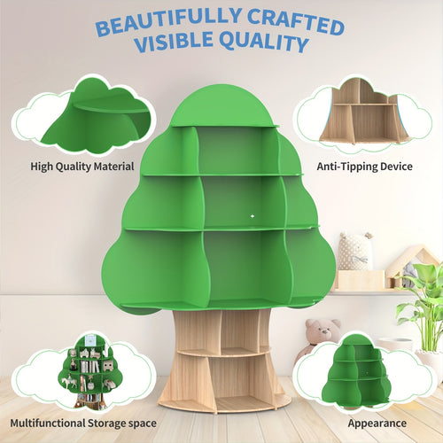 4 Tier Tree Bookshelf, Wood Bookcase, Book Display, 16-Cubby Storage Organizer Book Shelf for Bedroom, Living Room, Classroom, Standing Shelf