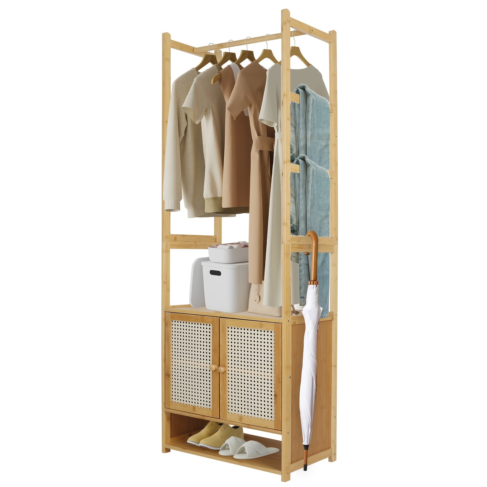 Aesome 66.1 Inch Garment Rack with Cabinet Bamboo Clothes Rack, Clothes Rack Hanging, Wardrobe Closet for Entryway Bedroom