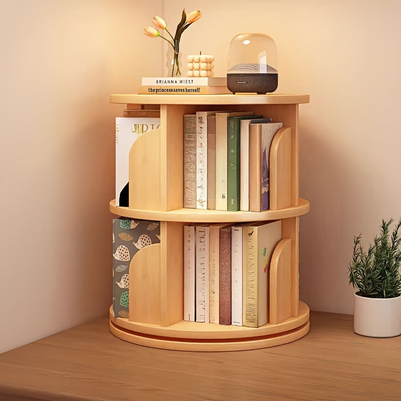 Wooden Picture Book Stand, Solid Wood Rotating Bookshelf, 360-degree Floor-standing Small Home Bedroom Storage Rack for Picture Books, a Simple Three-tier Bookshelf Holding Approximately 75 Books, Sui