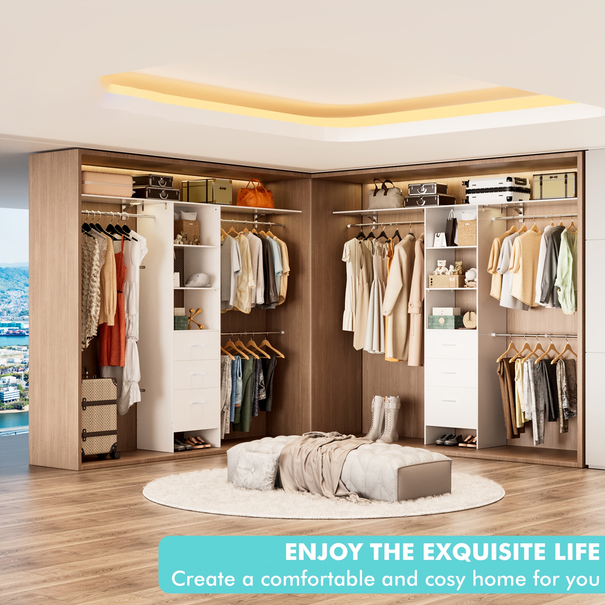 Closet System with Drawers, 8ft Walk In Closets Organizer with 3 Shelving Towers, 96\