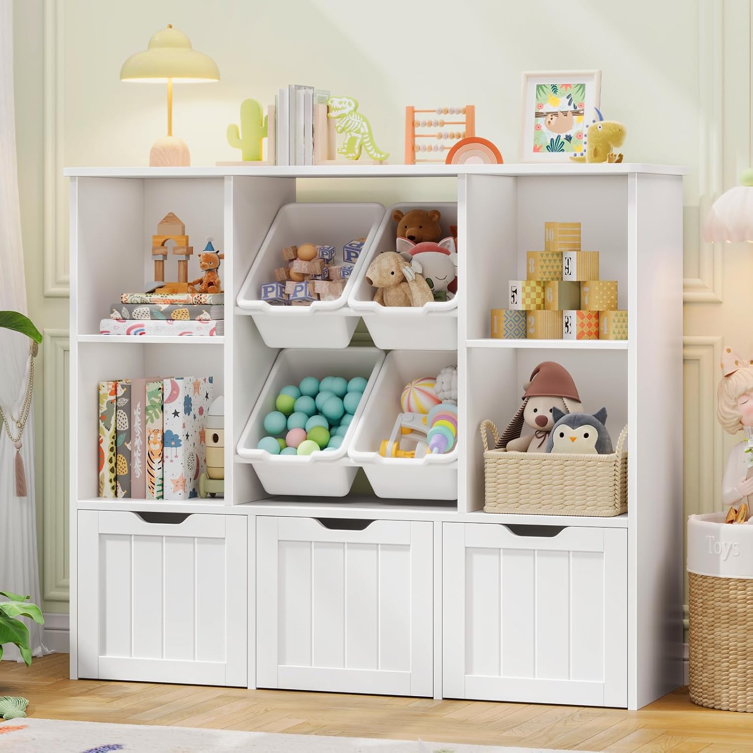 White Rolling Storage Cabinet with 4 Bins, 3-Movable Drawers & 4 Open Shelves - Heavy-Duty Movable Shelving Unit Suitable for Home Office, Living Room - Assembly, Hidden Wheels, Plastic\u002FWood Frame ( Wood), Utility Racks