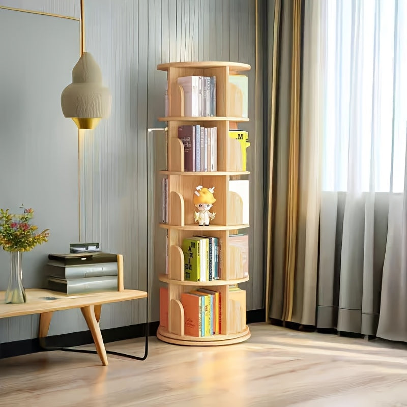 Wooden Picture Book Stand, Solid Wood Rotating Bookshelf, 360-degree Floor-standing Small Home Bedroom Storage Rack for Picture Books, a Simple Three-tier Bookshelf Holding Approximately 75 Books, Sui