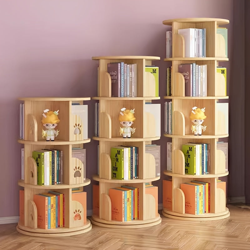 Wooden Picture Book Stand, Solid Wood Rotating Bookshelf, 360-degree Floor-standing Small Home Bedroom Storage Rack for Picture Books, a Simple Three-tier Bookshelf Holding Approximately 75 Books, Sui
