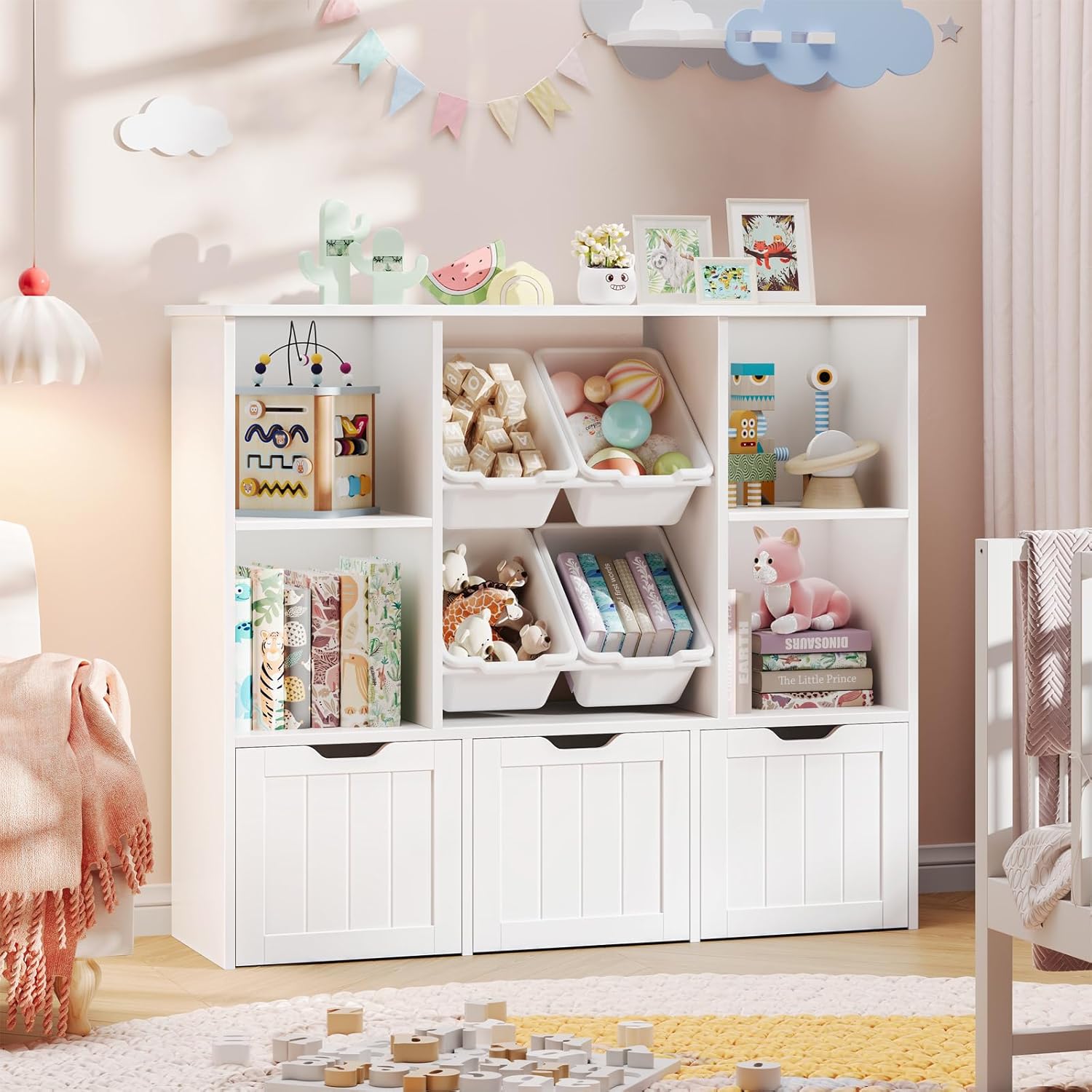 White Rolling Storage Cabinet with 4 Bins, 3-Movable Drawers & 4 Open Shelves - Heavy-Duty Movable Shelving Unit Suitable for Home Office, Living Room - Assembly, Hidden Wheels, Plastic\u002FWood Frame ( Wood), Utility Racks