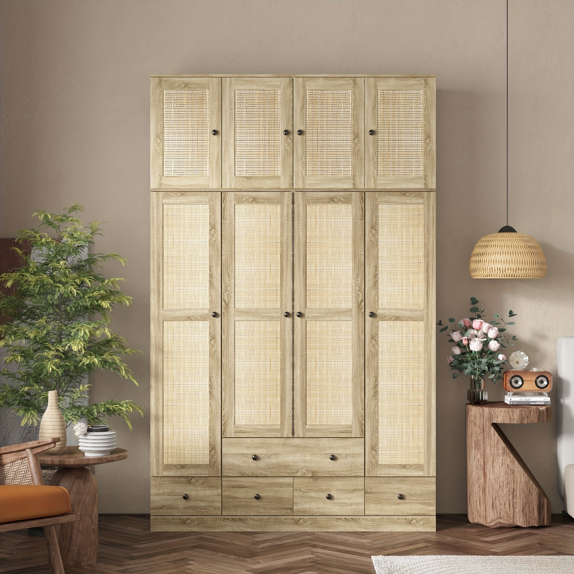 4-Door Wooden Armoire Wardrobe Closet with 5 Drawers, Checkered Storage Area & Hanging Rods, Clothes Organizer for Bedroom, Modern Design
