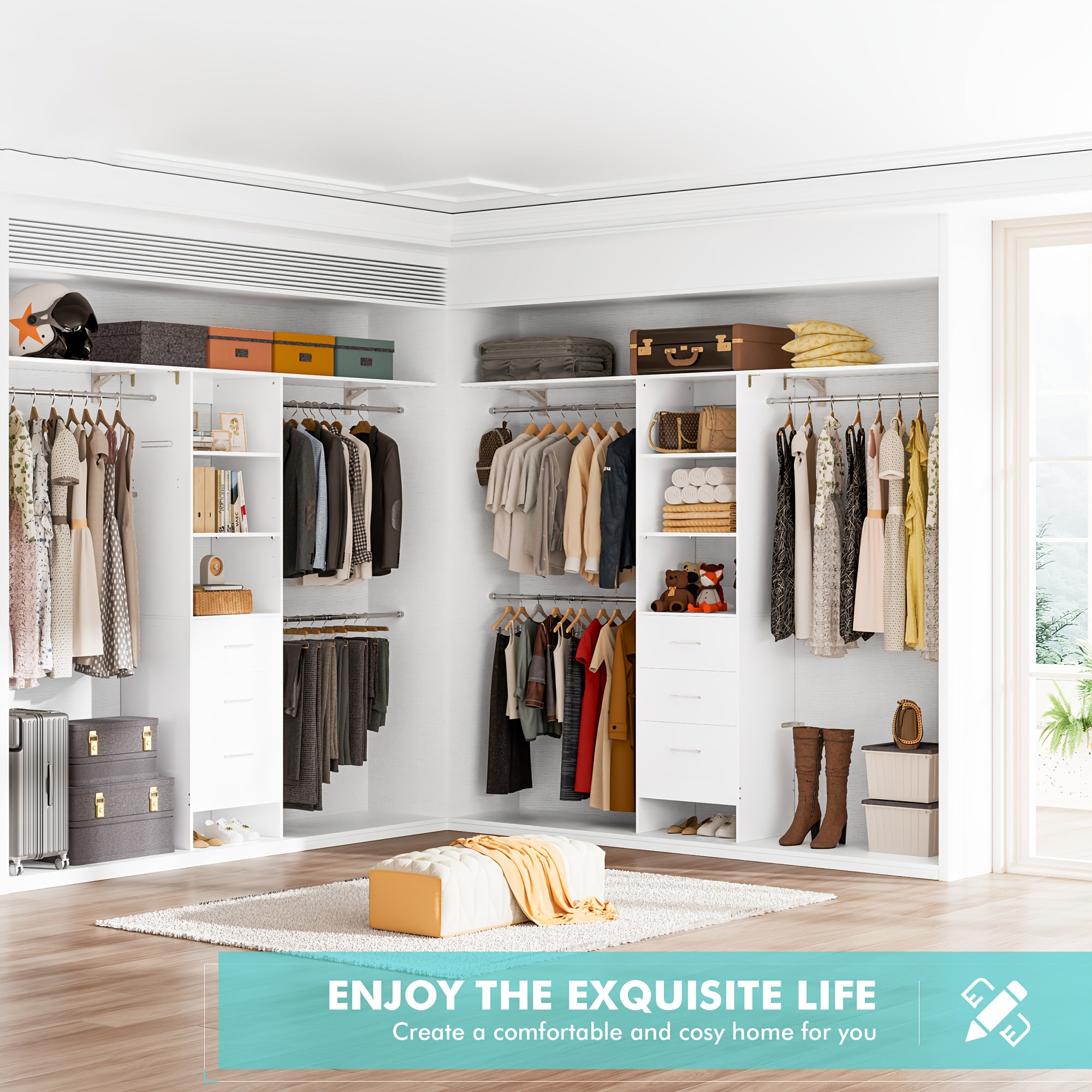 Closet System with Drawers, 8ft Walk In Closets Organizer with 3 Shelving Towers, 96\