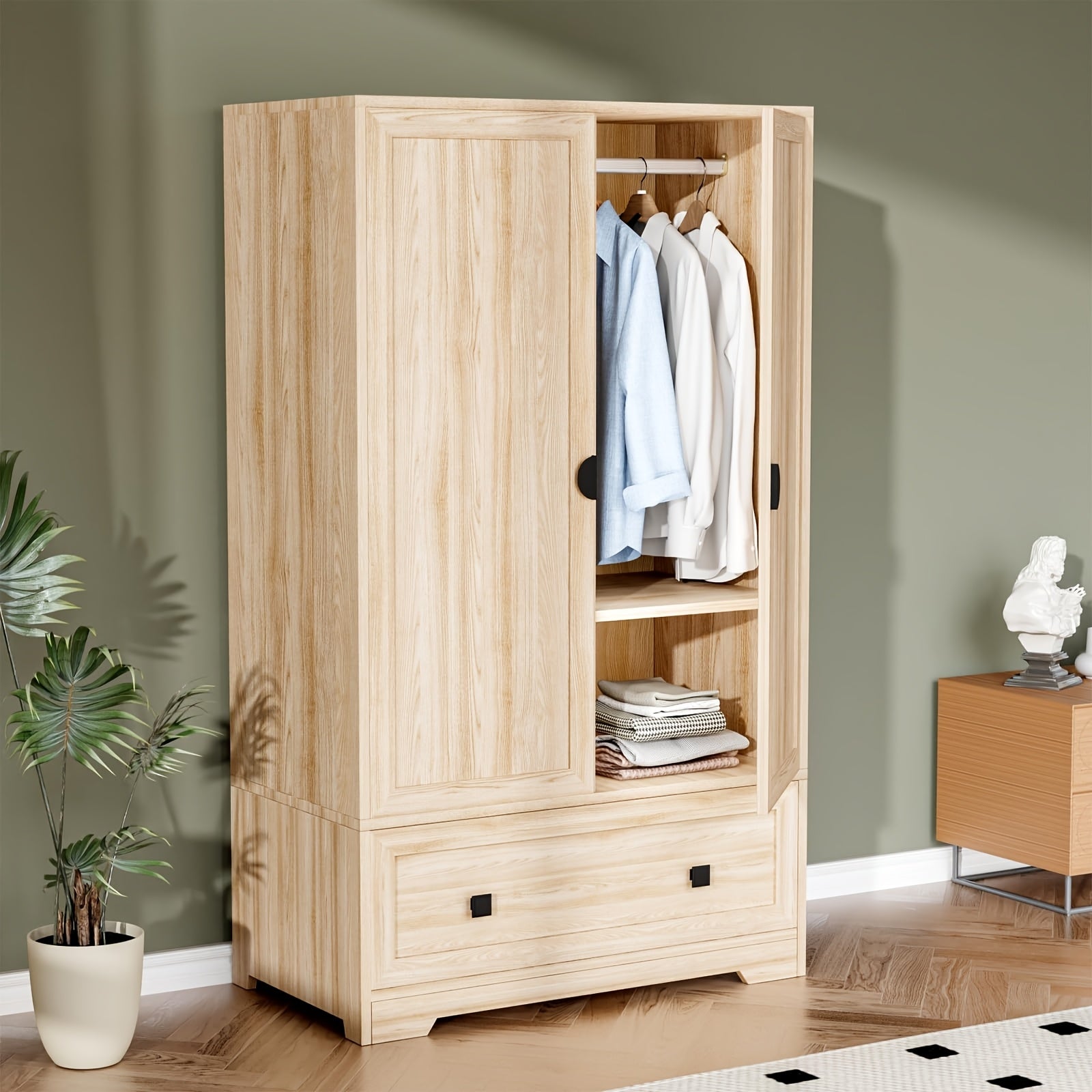 Bonnlo Freestanding Wide Armoire Wardrobe Closet with Shelves, Hanging Rod And Drawers for Bedroom