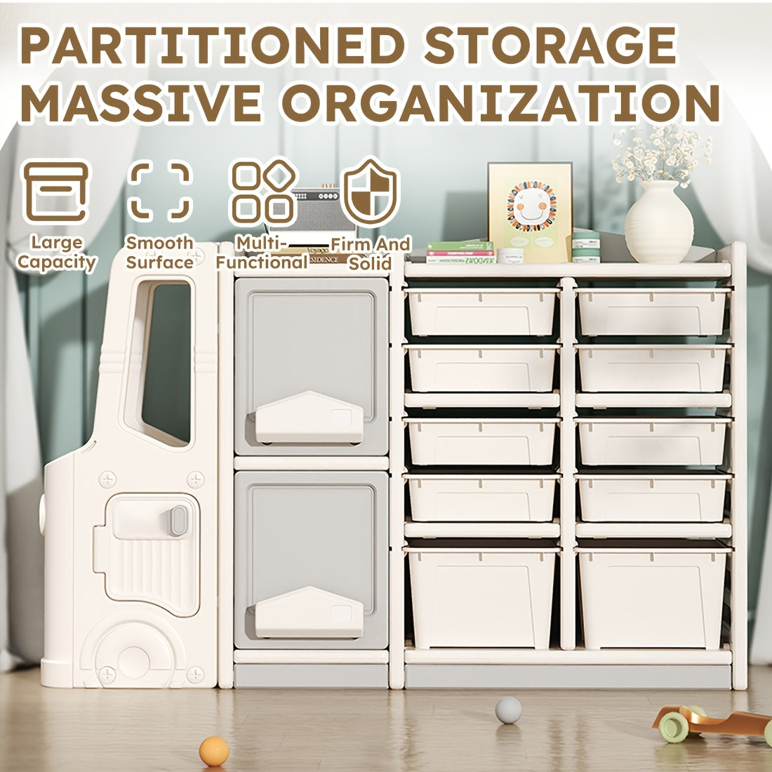 Beige Multi-Tiered Plastic Storage Unit Featuring a Cartoon Train Design, Includes 2 Cabinets And 10 Storage Bins, Easy to Assemble, Ideal for Living Rooms, Dining Areas, And Game Rooms