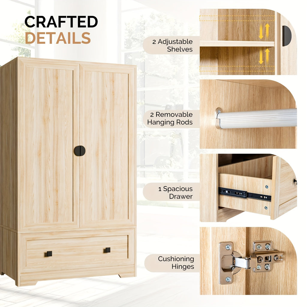 Bonnlo Freestanding Wide Armoire Wardrobe Closet with Shelves, Hanging Rod And Drawers for Bedroom