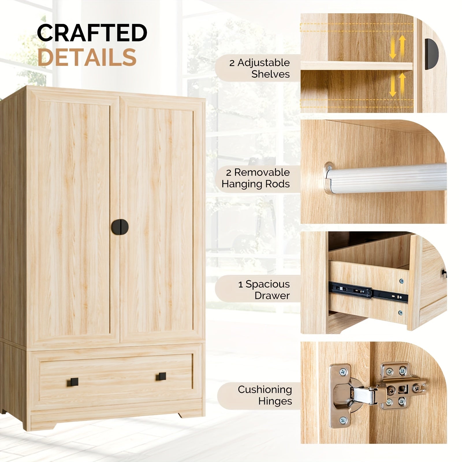 Bonnlo Freestanding Wide Armoire Wardrobe Closet with Shelves, Hanging Rod And Drawers for Bedroom