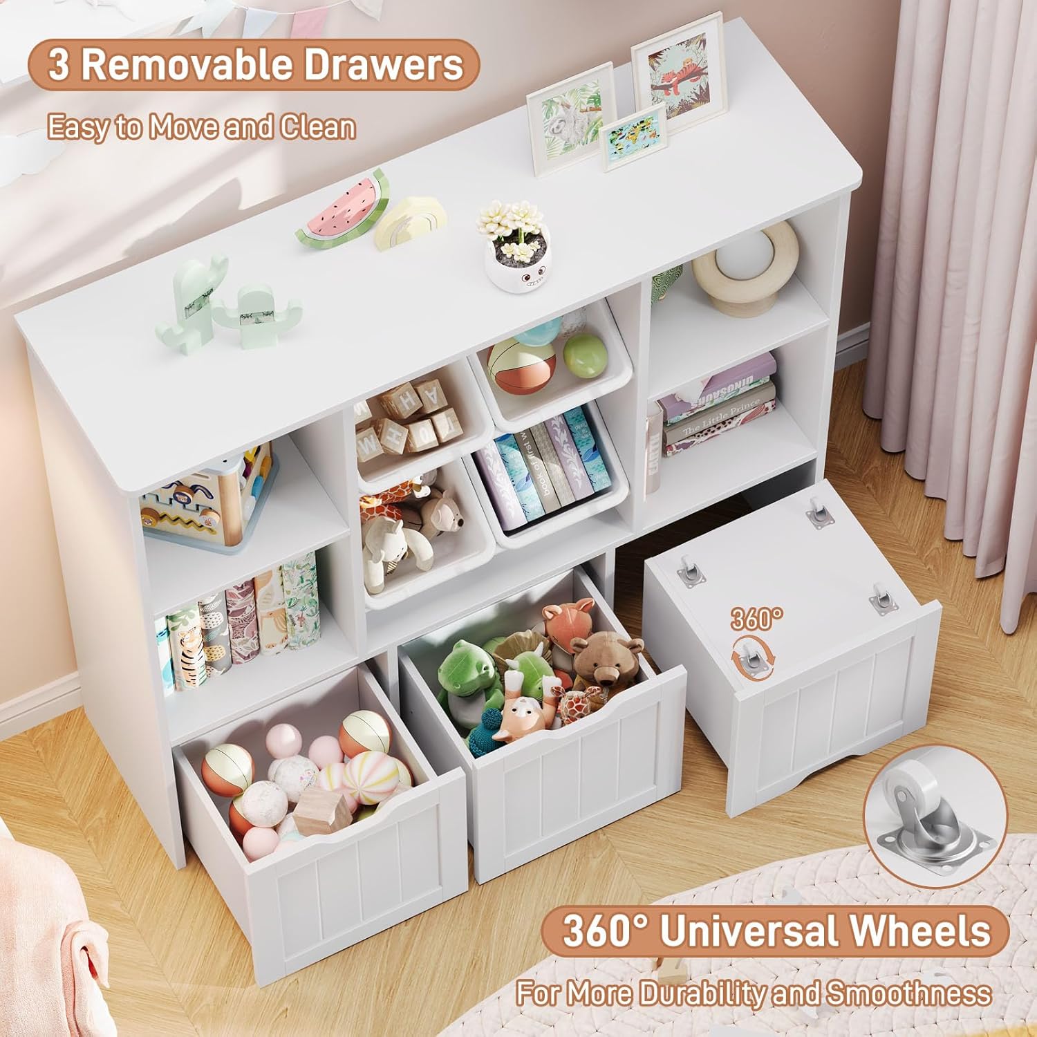White Rolling Storage Cabinet with 4 Bins, 3-Movable Drawers & 4 Open Shelves - Heavy-Duty Movable Shelving Unit Suitable for Home Office, Living Room - Assembly, Hidden Wheels, Plastic\u002FWood Frame ( Wood), Utility Racks
